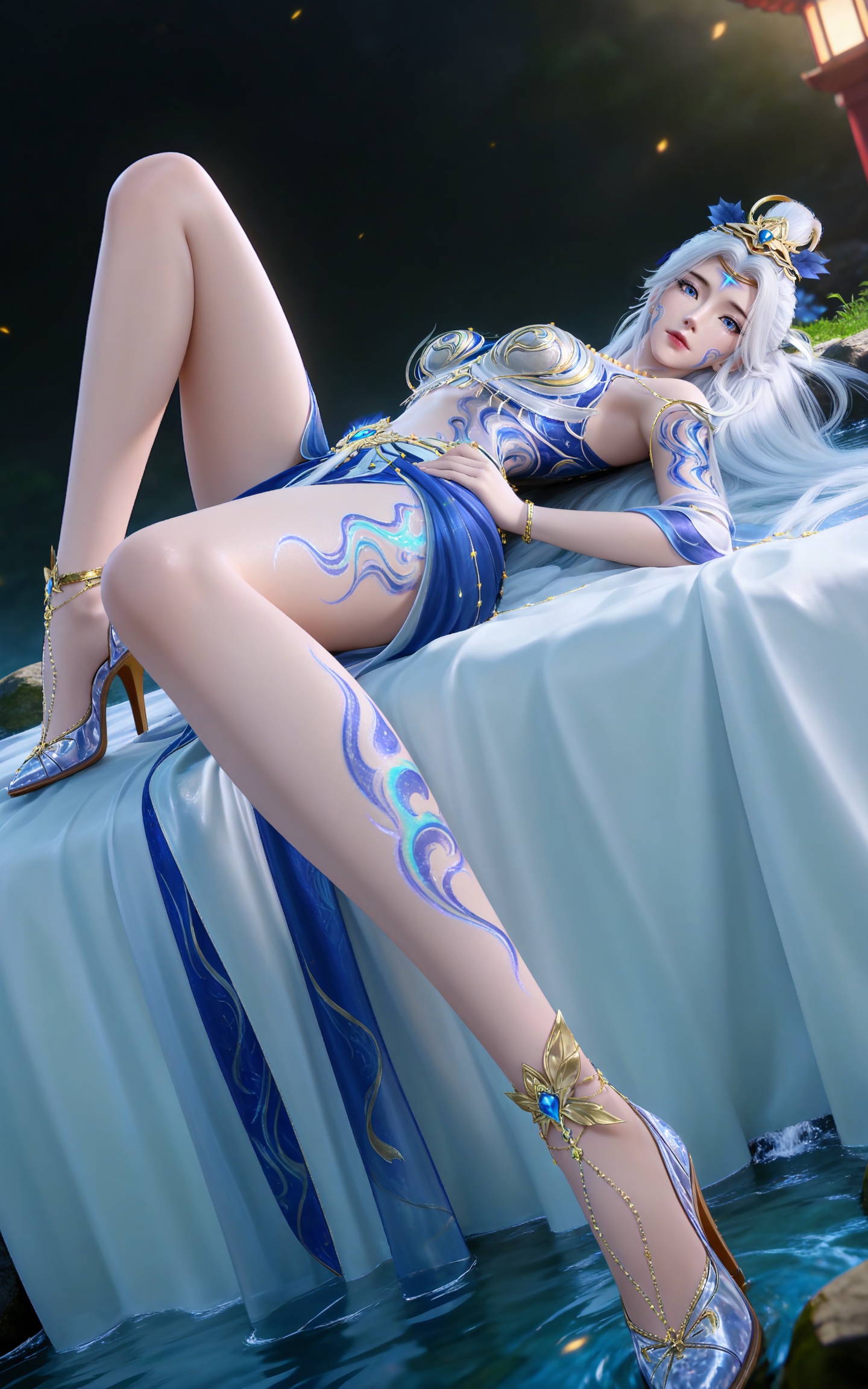 masterpiece,high quality,tall,game cg,highres,(soft light:1.2),(white_skin:0.6),(shiny_skin:0.6),(realistic:1.1),stone,water,
white hair, long hair, blue eyes, hair_bun, facial mark, forehead mark, bare shoulders, collarbonea, hair_ornament, arm tattoo, necklace, moxian white and blue dress, leg tattoo, high_heels,
black_background,simple background,outdoor,looking at viewer
