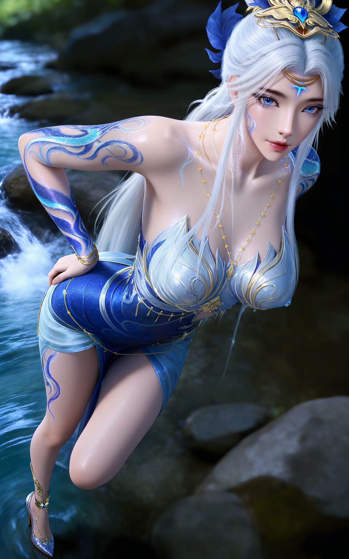 masterpiece,high quality,tall,game cg,highres,(soft light:1.2),(white_skin:0.6),(shiny_skin:0.6),(realistic:1.1),stone,water,
white hair, long hair, blue eyes, hair_bun, facial mark, forehead mark, bare shoulders, collarbonea, hair_ornament, arm tattoo, necklace, moxian white and blue dress, leg tattoo, high_heels,
black_background,simple background,outdoor,looking at viewer
