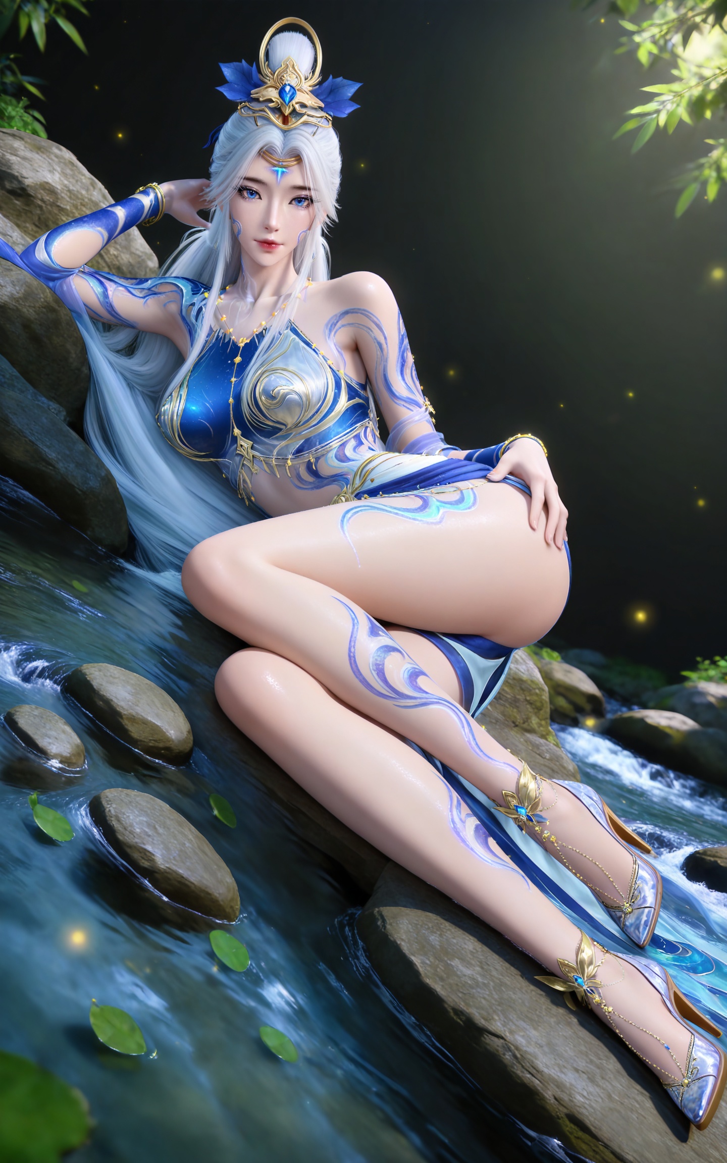 masterpiece,high quality,tall,game cg,highres,(soft light:1.2),(white_skin:0.6),(shiny_skin:0.6),(realistic:1.1),stone,water,
white hair, long hair, blue eyes, hair_bun, facial mark, forehead mark, bare shoulders, collarbonea, hair_ornament, arm tattoo, necklace, moxian white and blue dress, leg tattoo, high_heels,
black_background,simple background,outdoor,looking at viewer