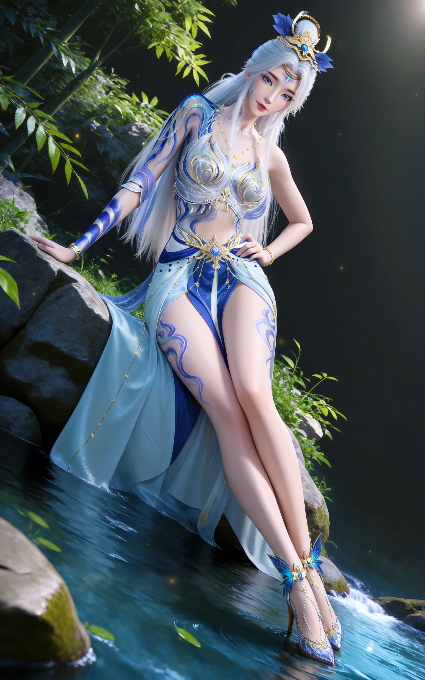masterpiece,high quality,tall,game cg,highres,(soft light:1.2),(white_skin:0.6),(shiny_skin:0.6),(realistic:1.1),stone,water,
white hair, long hair, blue eyes, hair_bun, facial mark, forehead mark, bare shoulders, collarbonea, hair_ornament, arm tattoo, necklace, moxian white and blue dress, leg tattoo, high_heels,
black_background,simple background,outdoor,looking at viewer