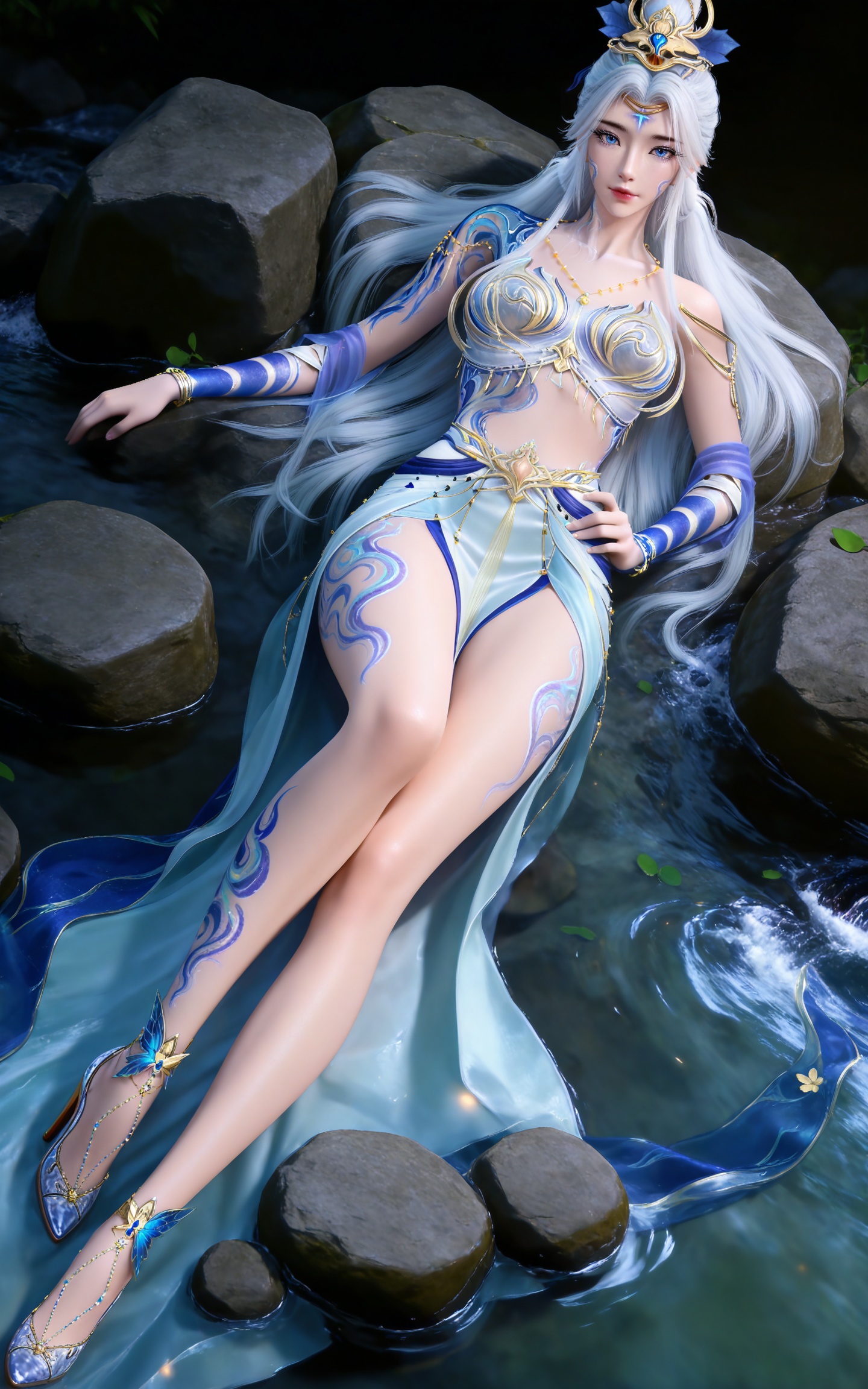 masterpiece,high quality,tall,game cg,highres,(soft light:1.2),(white_skin:0.6),(shiny_skin:0.6),(realistic:1.1),stone,water,
white hair, long hair, blue eyes, hair_bun, facial mark, forehead mark, bare shoulders, collarbonea, hair_ornament, arm tattoo, necklace, moxian white and blue dress, leg tattoo, high_heels,
black_background,simple background,outdoor,looking at viewer