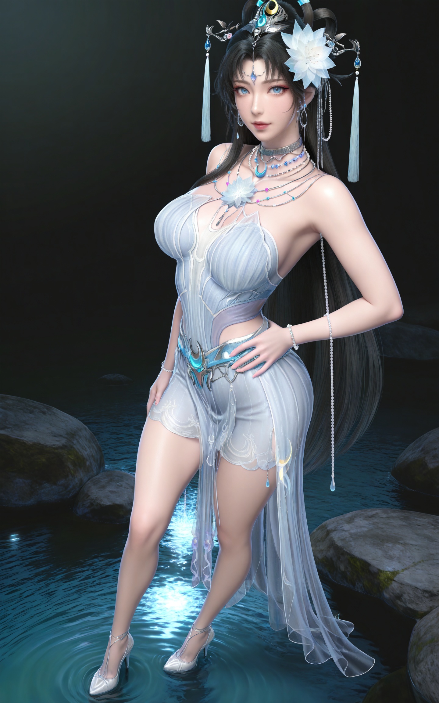 masterpiece,high quality,tall,game cg,highres,(soft light:1.2),(white_skin:0.6),(shiny_skin:0.6),(realistic:1.1),stone,water,
black hair, long hair, blue eyes, forehead_jewel, hair_bun, hair ring, lotus hair flower, beads, crescent hair_ornament, necklace, sash, earrings, bare shoulders, yaoyue white dress, high_heels,
black_background,simple background,outdoor,looking at viewer