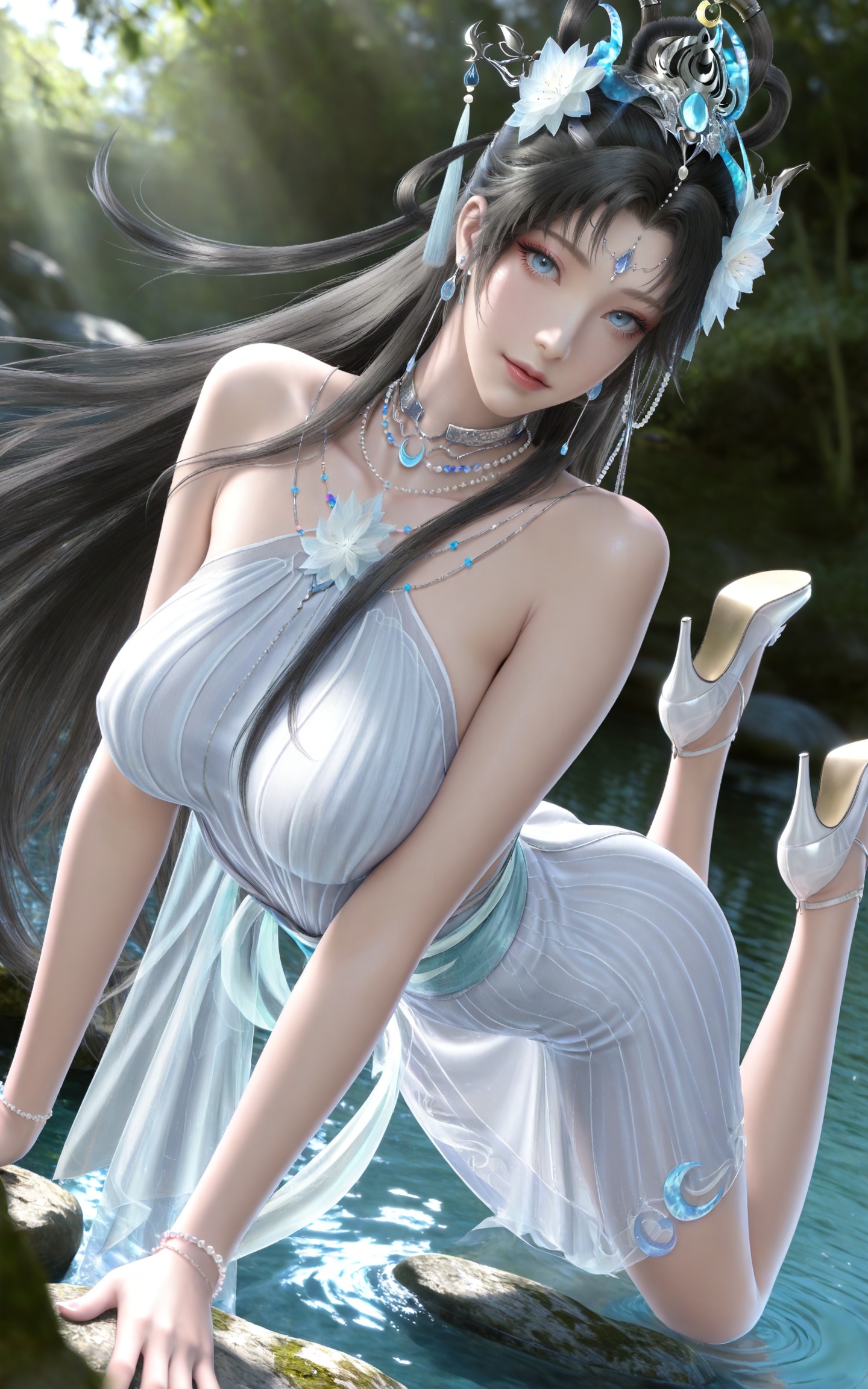 masterpiece,high quality,tall,game cg,highres,(soft light:1.2),(white_skin:0.6),(shiny_skin:0.6),(realistic:1.1),stone,water,day,
black hair, long hair, blue eyes, forehead_jewel, hair_bun, hair ring, lotus hair flower, beads, crescent hair_ornament, necklace, sash, earrings, bare shoulders, yaoyue white dress, high_heels,
black_background,simple background,outdoor,looking at viewer
