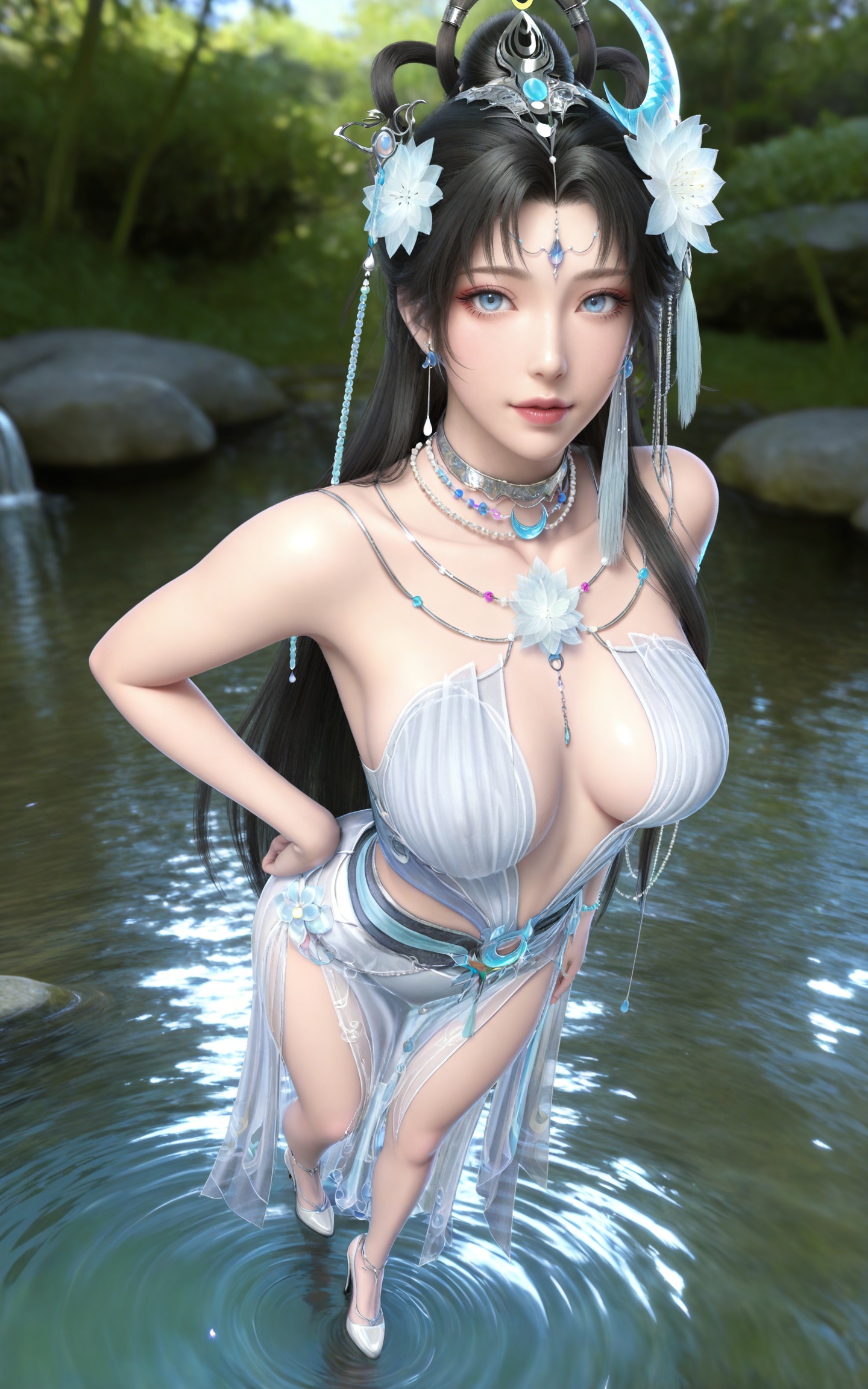 masterpiece,high quality,tall,game cg,highres,(soft light:1.2),(white_skin:0.6),(shiny_skin:0.6),(realistic:1.1),stone,water,day,
black hair, long hair, blue eyes, forehead_jewel, hair_bun, hair ring, lotus hair flower, beads, crescent hair_ornament, necklace, sash, earrings, bare shoulders, yaoyue white dress, high_heels,
black_background,simple background,outdoor,looking at viewer
