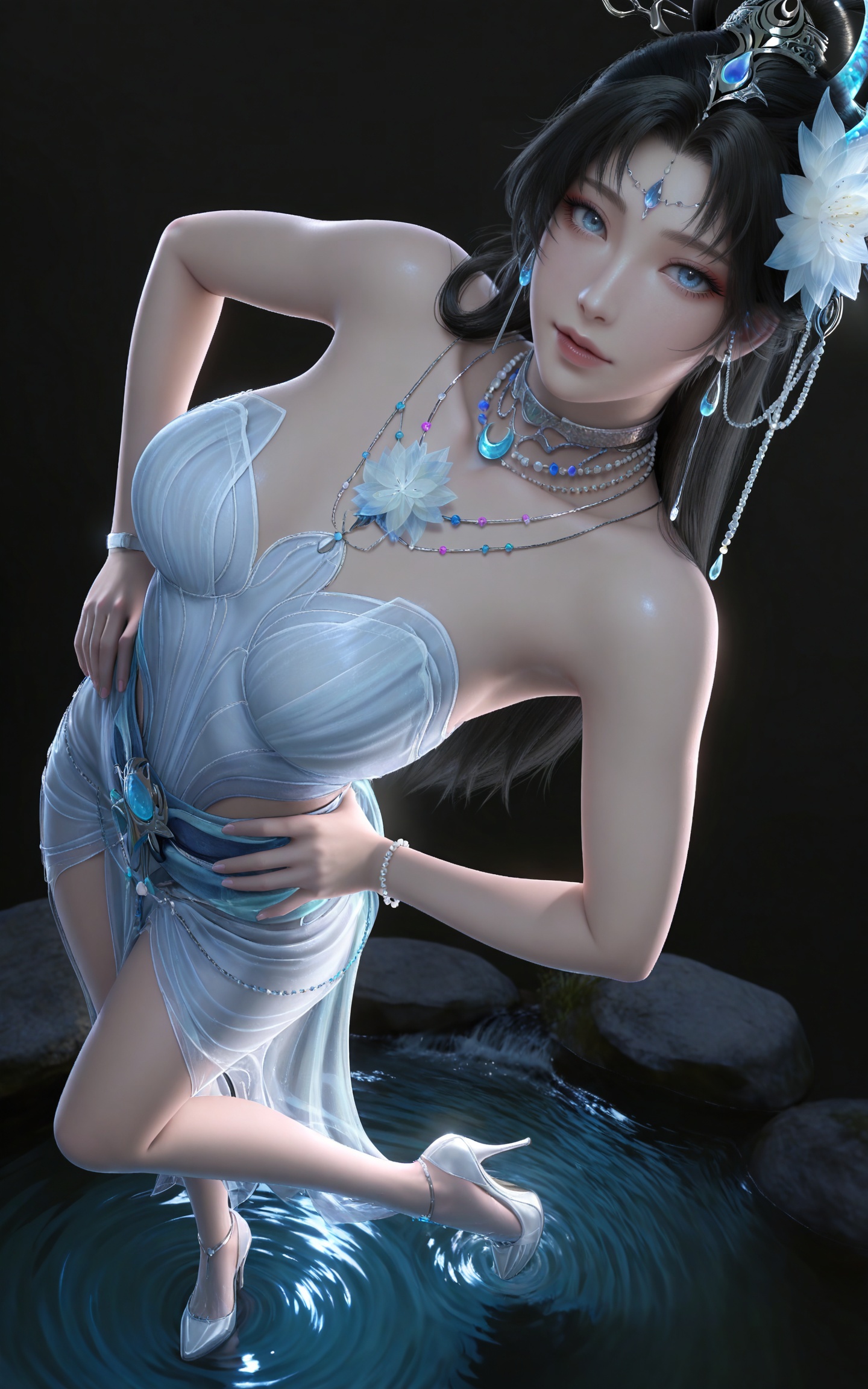 masterpiece,high quality,tall,game cg,highres,(soft light:1.2),(white_skin:0.6),(shiny_skin:0.6),(realistic:1.1),stone,water,
black hair, long hair, blue eyes, forehead_jewel, hair_bun, hair ring, lotus hair flower, beads, crescent hair_ornament, necklace, sash, earrings, bare shoulders, yaoyue white dress, high_heels,
black_background,simple background,outdoor,looking at viewer