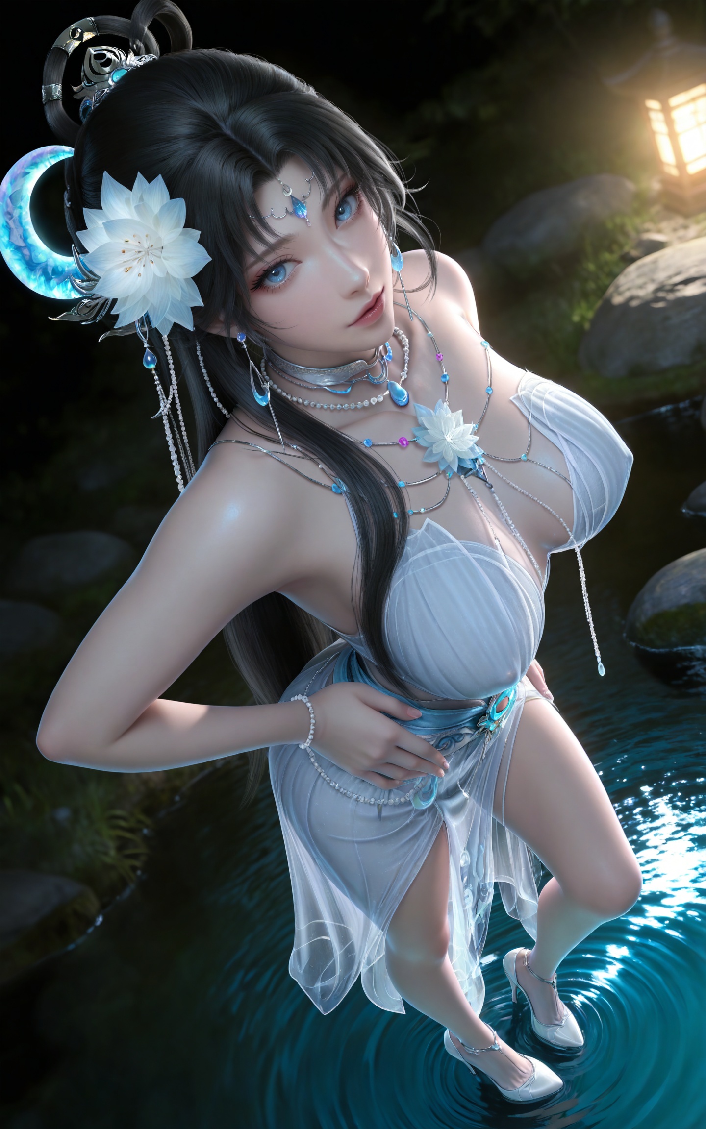 masterpiece,high quality,tall,game cg,highres,(soft light:1.2),(white_skin:0.6),(shiny_skin:0.6),(realistic:1.1),stone,water,
black hair, long hair, blue eyes, forehead_jewel, hair_bun, hair ring, lotus hair flower, beads, crescent hair_ornament, necklace, sash, earrings, bare shoulders, yaoyue white dress, high_heels,
black_background,simple background,outdoor,looking at viewer