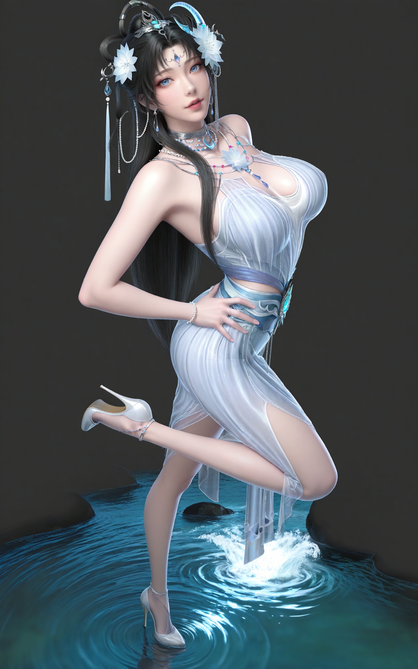 masterpiece,high quality,tall,game cg,highres,(soft light:1.2),(white_skin:0.6),(shiny_skin:0.6),(realistic:1.1),stone,water,
black hair, long hair, blue eyes, forehead_jewel, hair_bun, hair ring, lotus hair flower, beads, crescent hair_ornament, necklace, sash, earrings, bare shoulders, yaoyue white dress, high_heels,
black_background,simple background,outdoor,looking at viewer