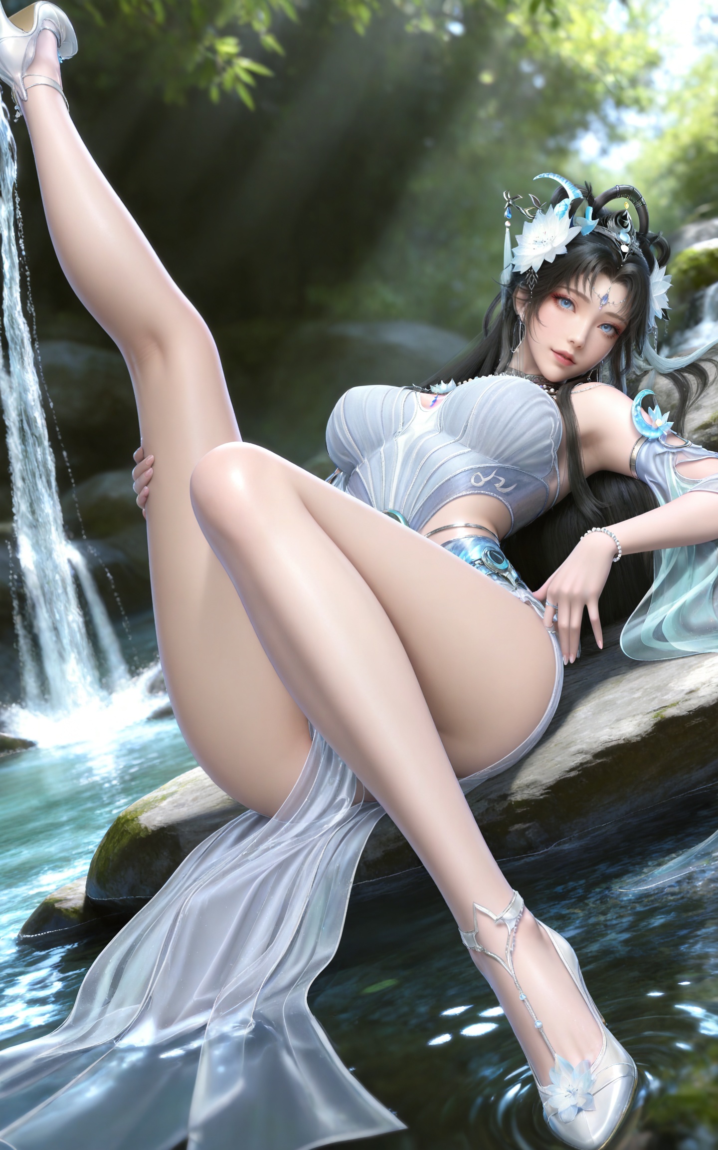 masterpiece,high quality,tall,game cg,highres,(soft light:1.2),(white_skin:0.6),(shiny_skin:0.6),(realistic:1.1),stone,water,day,
black hair, long hair, blue eyes, forehead_jewel, hair_bun, hair ring, lotus hair flower, beads, crescent hair_ornament, necklace, sash, earrings, bare shoulders, yaoyue white dress, high_heels,
black_background,simple background,outdoor,looking at viewer