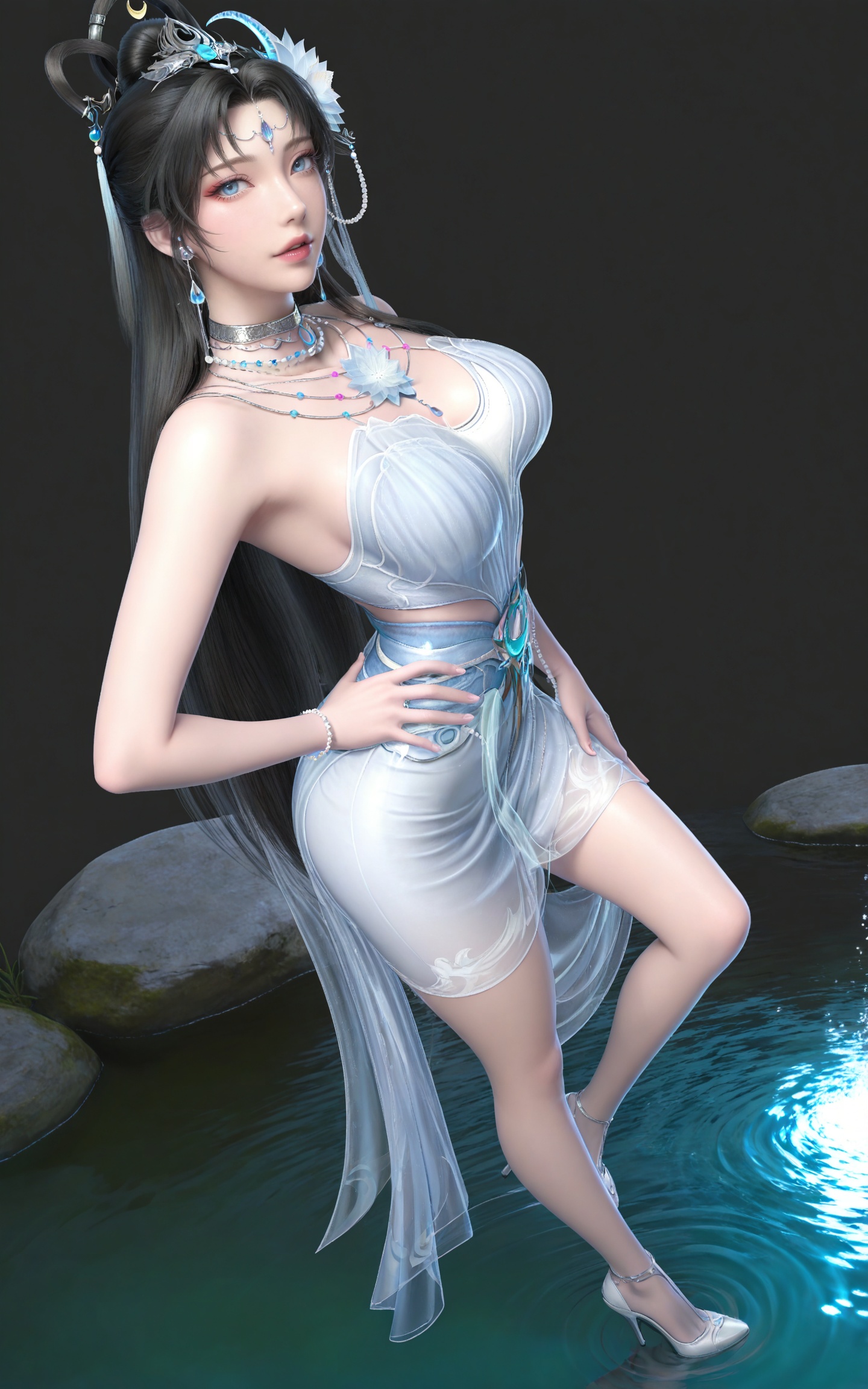 masterpiece,high quality,tall,game cg,highres,(soft light:1.2),(white_skin:0.6),(shiny_skin:0.6),(realistic:1.1),stone,water,
black hair, long hair, blue eyes, forehead_jewel, hair_bun, hair ring, lotus hair flower, beads, crescent hair_ornament, necklace, sash, earrings, bare shoulders, yaoyue white dress, high_heels,
black_background,simple background,outdoor,looking at viewer
