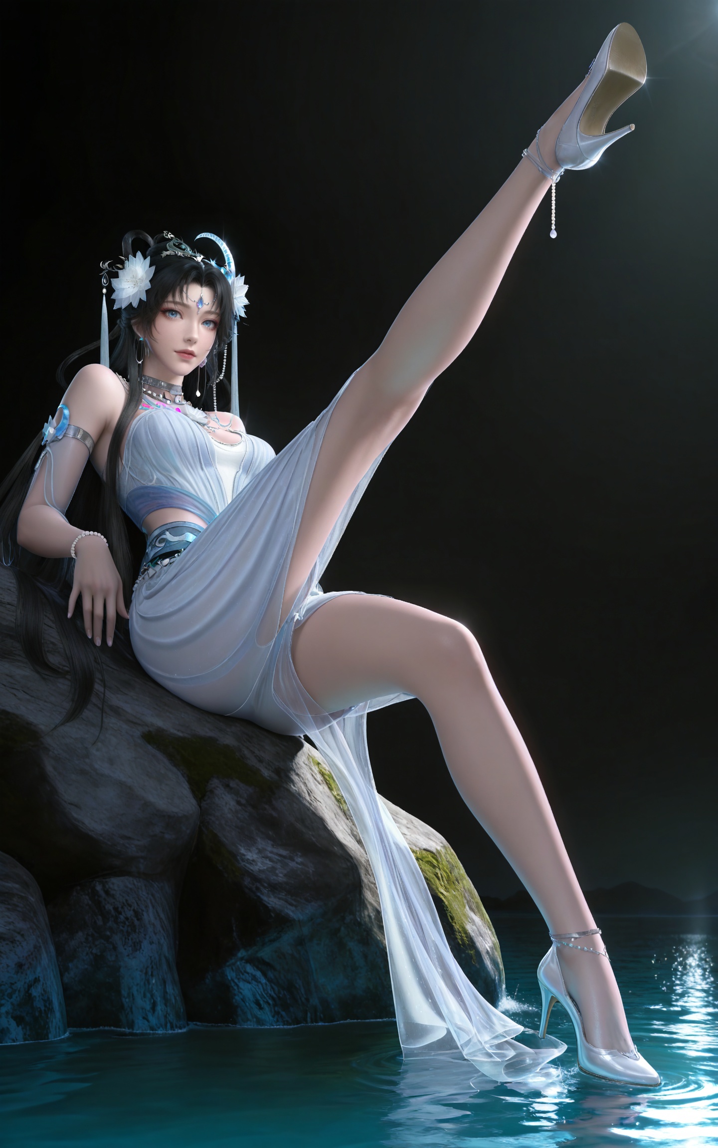 masterpiece,high quality,tall,game cg,highres,(soft light:1.2),(white_skin:0.6),(shiny_skin:0.6),(realistic:1.1),stone,water,
black hair, long hair, blue eyes, forehead_jewel, hair_bun, hair ring, lotus hair flower, beads, crescent hair_ornament, necklace, sash, earrings, bare shoulders, yaoyue white dress, high_heels,
black_background,simple background,outdoor,looking at viewer
