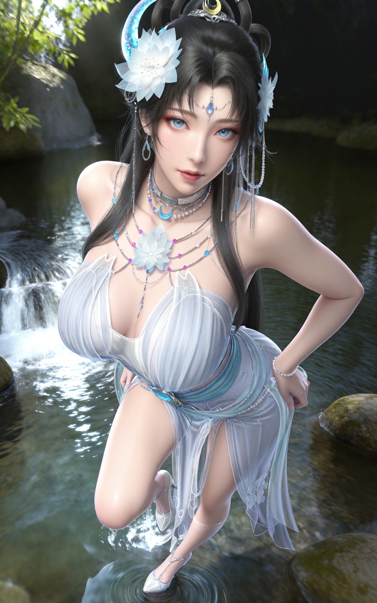 masterpiece,high quality,tall,game cg,highres,(soft light:1.2),(white_skin:0.6),(shiny_skin:0.6),(realistic:1.1),stone,water,day,
black hair, long hair, blue eyes, forehead_jewel, hair_bun, hair ring, lotus hair flower, beads, crescent hair_ornament, necklace, sash, earrings, bare shoulders, yaoyue white dress, high_heels,
black_background,simple background,outdoor,looking at viewer