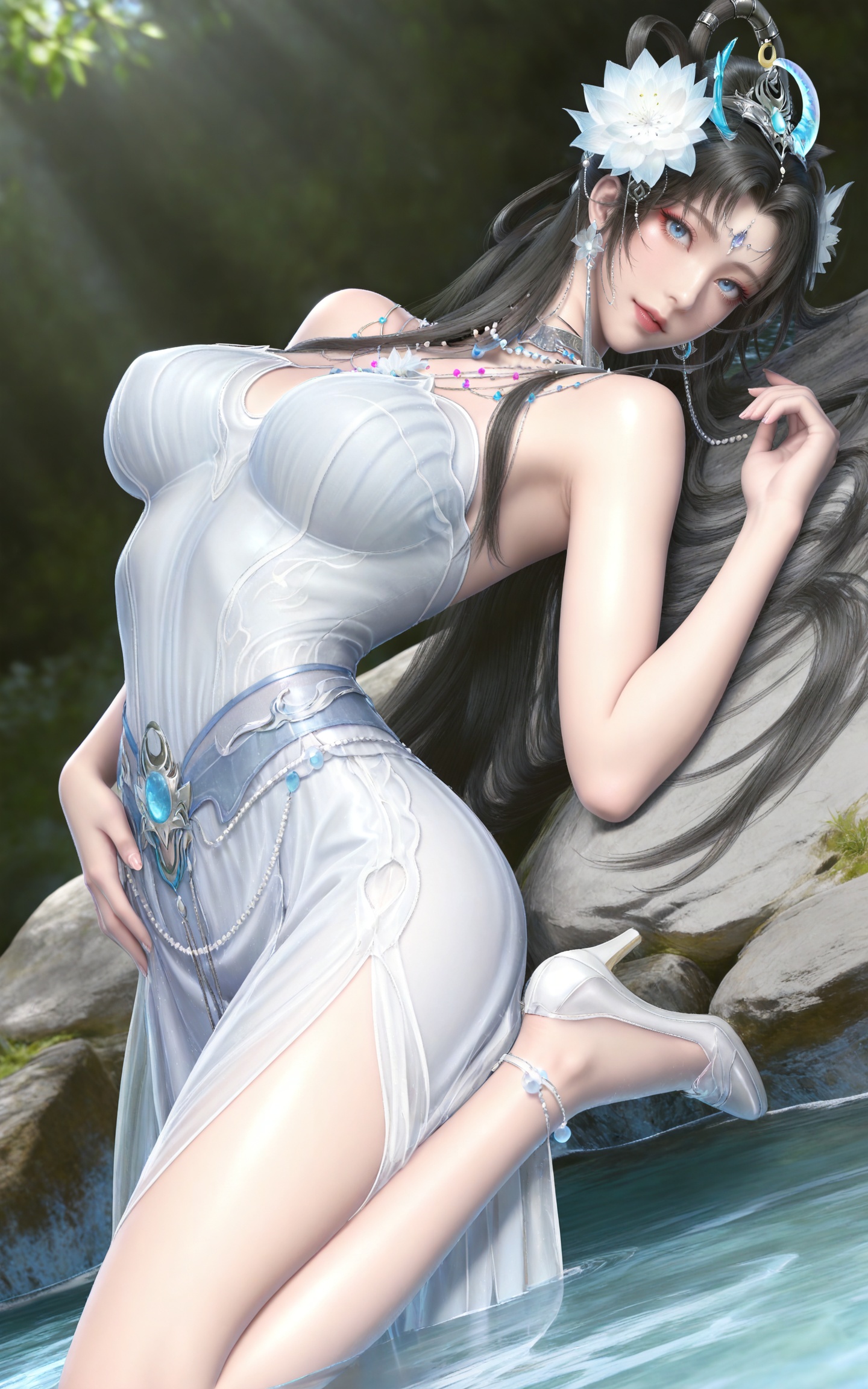 masterpiece,high quality,tall,game cg,highres,(soft light:1.2),(white_skin:0.6),(shiny_skin:0.6),(realistic:1.1),stone,water,day,
black hair, long hair, blue eyes, forehead_jewel, hair_bun, hair ring, lotus hair flower, beads, crescent hair_ornament, necklace, sash, earrings, bare shoulders, yaoyue white dress, high_heels,
black_background,simple background,outdoor,looking at viewer