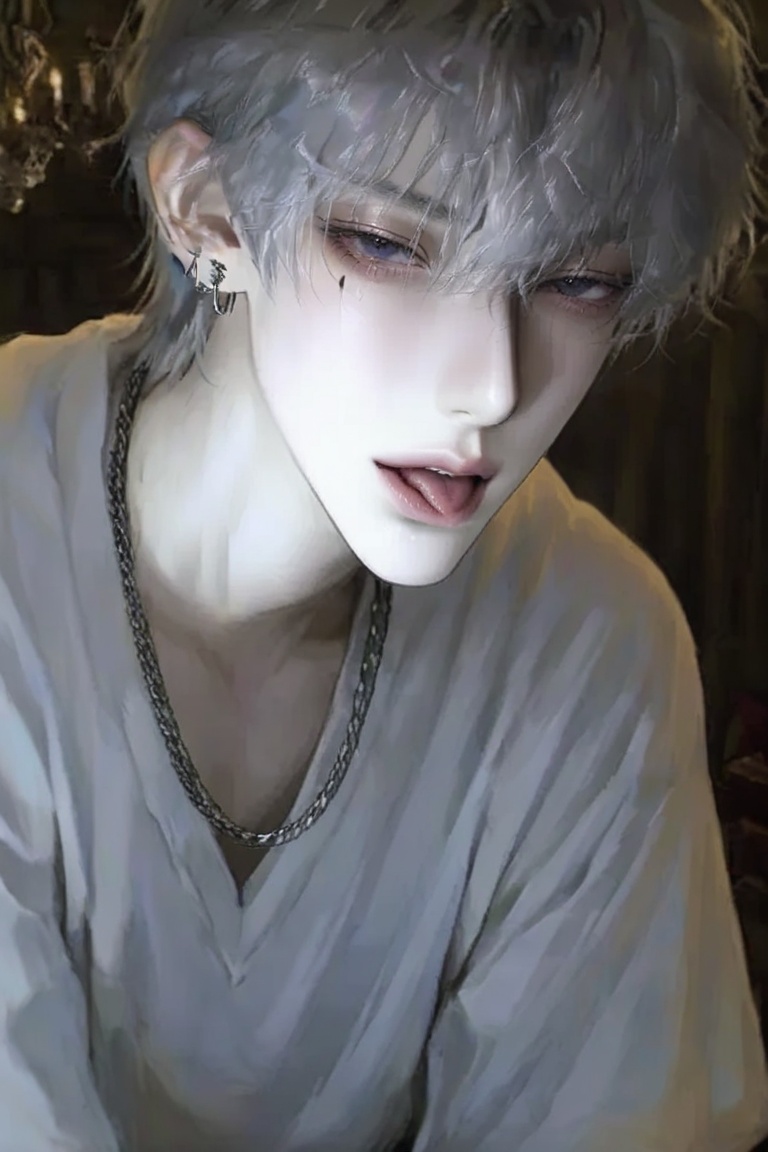 A young man with pale skin and messy,  silver-toned hair gazes downward with an intense,  melancholic expression. His eyes...