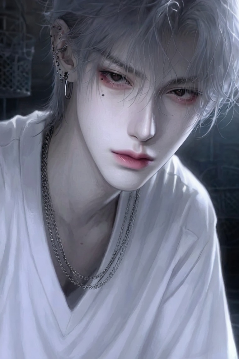 A young man with pale skin and messy,  silver-toned hair gazes downward with an intense,  melancholic expression. His eyes...