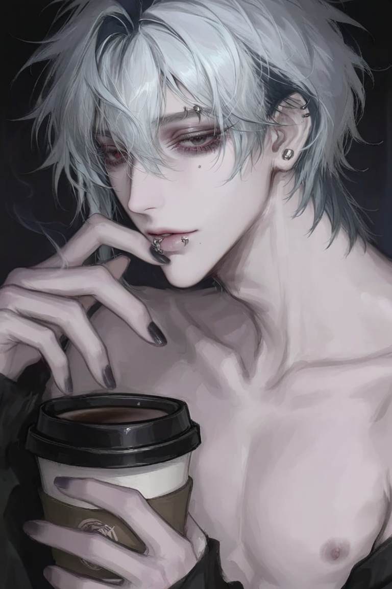 The stylized digital painting depicts a young man with a melancholic expression against a dark,  undefined background. He...