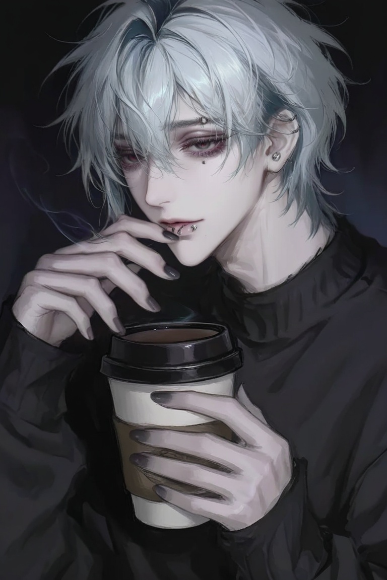 The stylized digital painting depicts a young man with a melancholic expression against a dark,  undefined background. He...