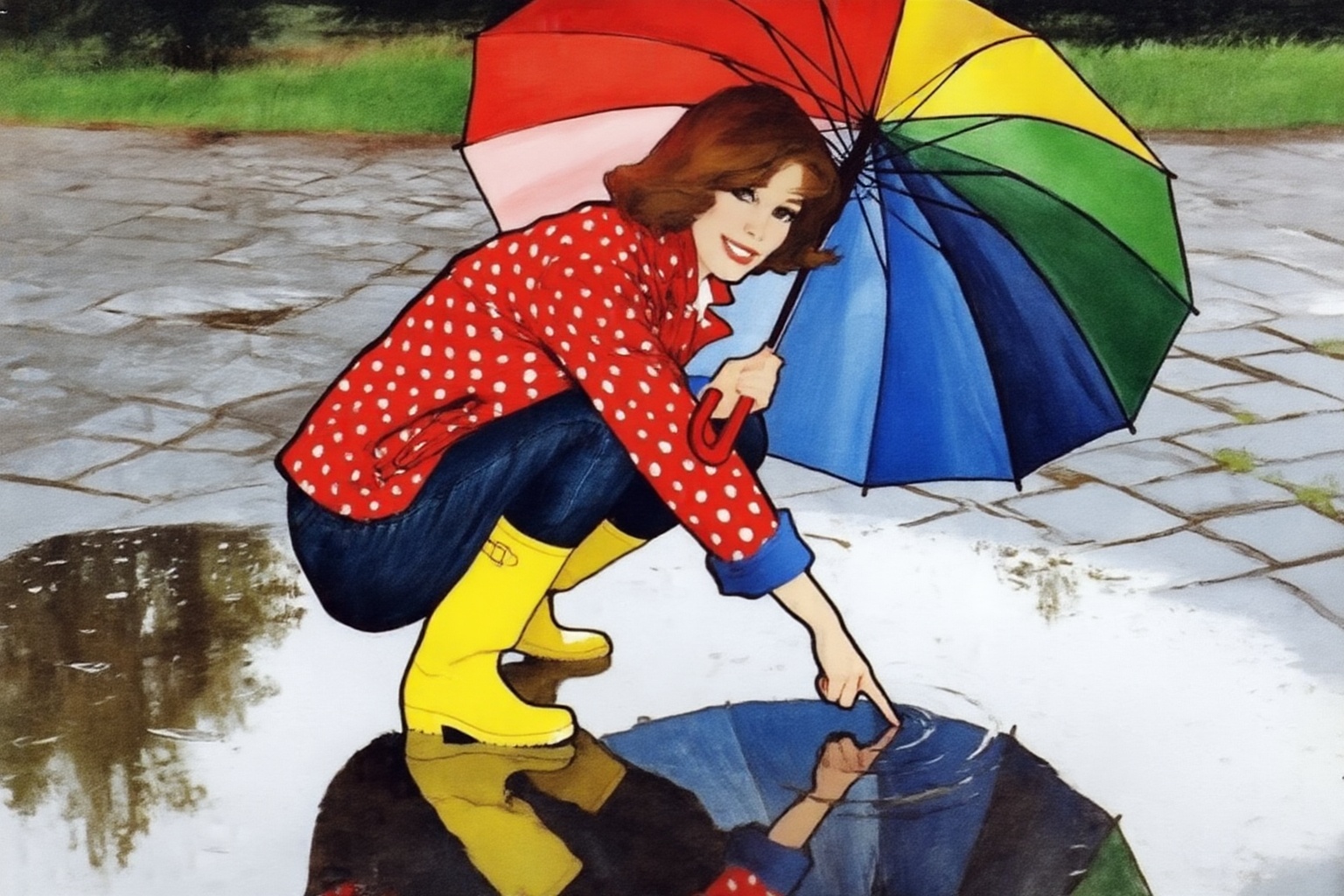 renegruau6z15 fashion illustration.  
A young woman, angled from slightly above and to the right, crouching low to the ground in a puddle. The young woman is wearing bright yellow rubber boots and a red jacket with white polka dots. The jacket sleeves are pushed up to reveal blue cuffs. The young woman also wears dark blue jeans and has a smile on her face as she extends her right index finger to touch the water in the puddle. She holds a large, open umbrella with rainbow-colored panels and a red handle over her. The ground is wet and paved with grey stones, reflecting the sky and umbrella. The background is slightly blurred, showing hints of green grass and trees. The lighting is overcast and diffused, typical of a rainy day. 