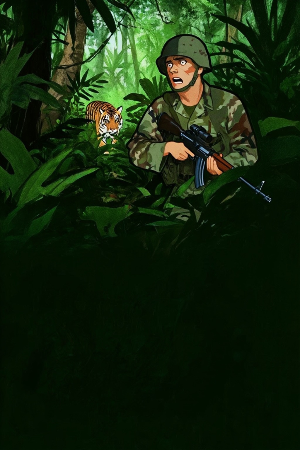 renegruau6z15 fashion illustration.  
Create a tense jungle scene set in Vietnam, featuring a dense, lush environment with thick foliage, tall trees, and tropical plants. Close-up face of an American Marine, showing fear in his face, shown in 3/4 view, holding a rifle in a ready position. He is dressed in camouflage fatigues and a helmet, blending into the surroundings. Unbeknownst to him, a distance away, a stealthy tiger is following closely behind, partially obscured by the foliage. The tiger's eyes are fixed on the soldier, adding a sense of impending danger to the scene. The overall atmosphere should be one of suspense, with the jungle's dense greenery and shadows heightening the tension. 