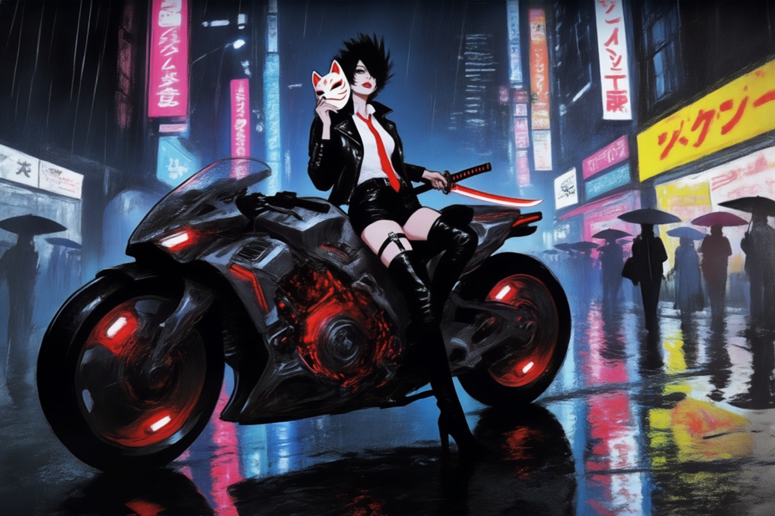 sydmead13zd25 conceptual sketch.  
high-octane cyberpunk style, depicting a stylish and formidable young woman with dark, sharp hair, wearing a black leather jacket, white shirt, red tie, short shorts, thigh-high boots, and a garter belt. She is seated confidently on a futuristic, heavily armored motorcycle with glowing red accents, parked in a neon-drenched, rainy urban street at night. She holds a traditional white and red Kitsune (fox) mask in one hand and a katana with a glowing red blade across her lap. The street is wet and highly reflective, mirroring the vibrant neon signs of Japanese characters and advertisements that illuminate the scene in shades of pink, blue, and yellow. Rain streaks heavily through the air, and blurred figures with umbrellas are visible in the background, adding to the atmosphere. The overall mood is dark, cool, and electrifying, with incredible attention to detail on the character, bike, and environment. Cyberpunk art, sci-fi noir, urban samurai 
