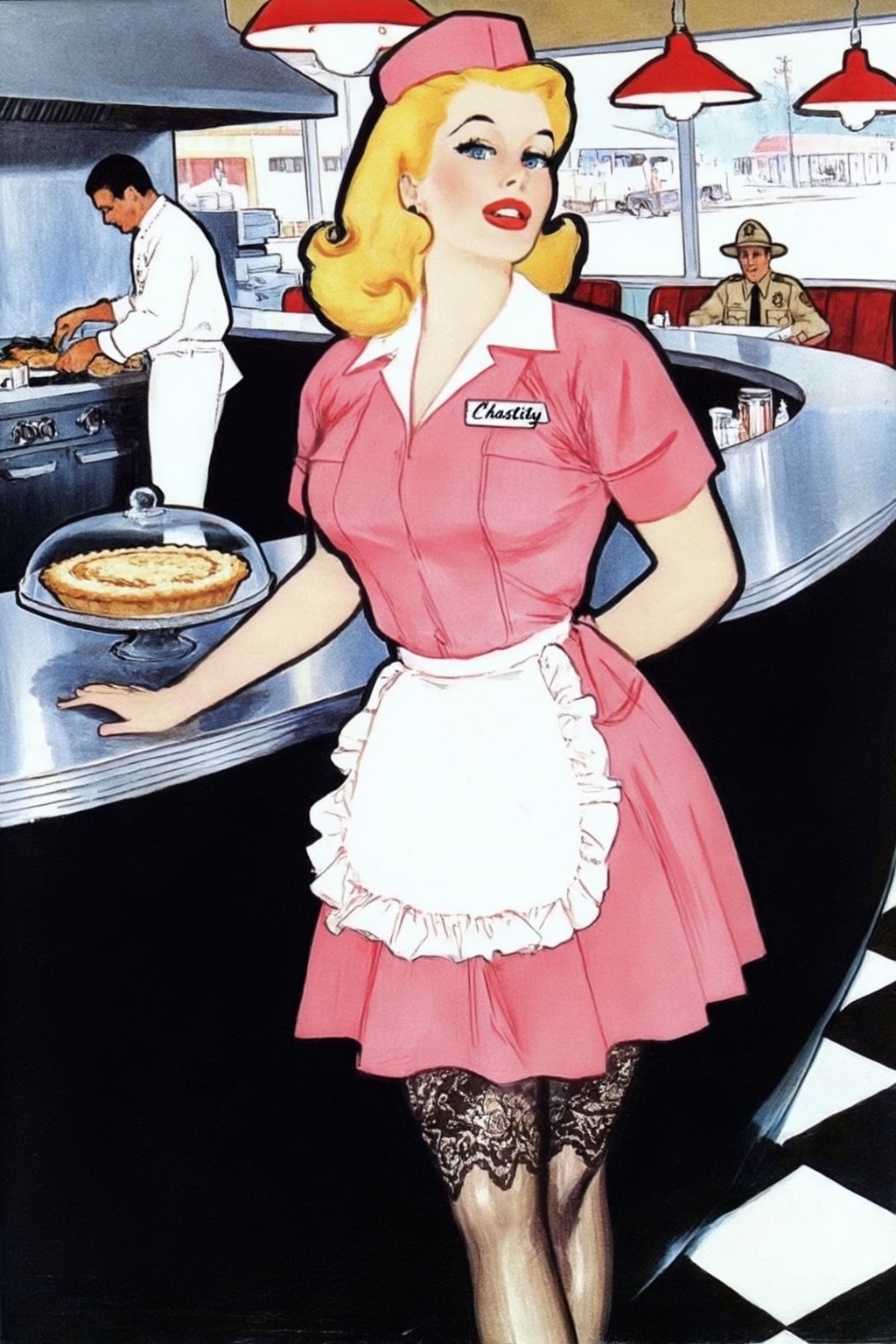 renegruau6z15 fashion illustration.  
In a bright retro diner, a voluptuous blonde woman with wavy shoulder-length hair in 1950s vintage style and blue eyes stands behind a stainless steel counter. She wears a short pink waitress uniform with a white collar, a ruffled white apron, and a matching cap, paired with dark lace-topped stockings. She looks at the viewer with her body slightly angled, resting one hand on the counter near a glass-domed pie, and one hand behind her back. She wears a name tag that says "Chastity". On the left, a man in a white chef's uniform prepares food at a stove under a metal hood. In the background to the right, a man in a tan sheriff's uniform and hat sits at a booth. The setting includes a black and white checkered floor, red hanging lamps, and large windows showing a street. This eye-level medium shot captures the woman as the central figure, with the kitchen and dining area clearly visible in the background.