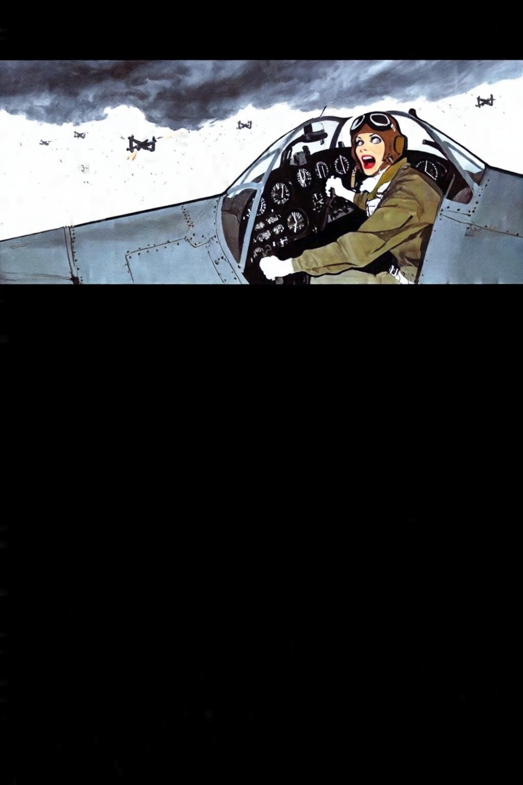 renegruau6z15 fashion illustration.  
A female pilot, shown in 3/4 view, screaming inside the cockpit of a World War II bomber. The pilot, wearing a vintage leather flight helmet with goggles and a bomber jacket, grips the controls with white-knuckled hands. Her face is contorted in a mix of fear and determination as she yells, her eyes wide with **********. The cockpit is cramped and filled with old-fashioned dials and gauges, with the outside view showing dark stormy clouds and distant anti-aircraft fire 