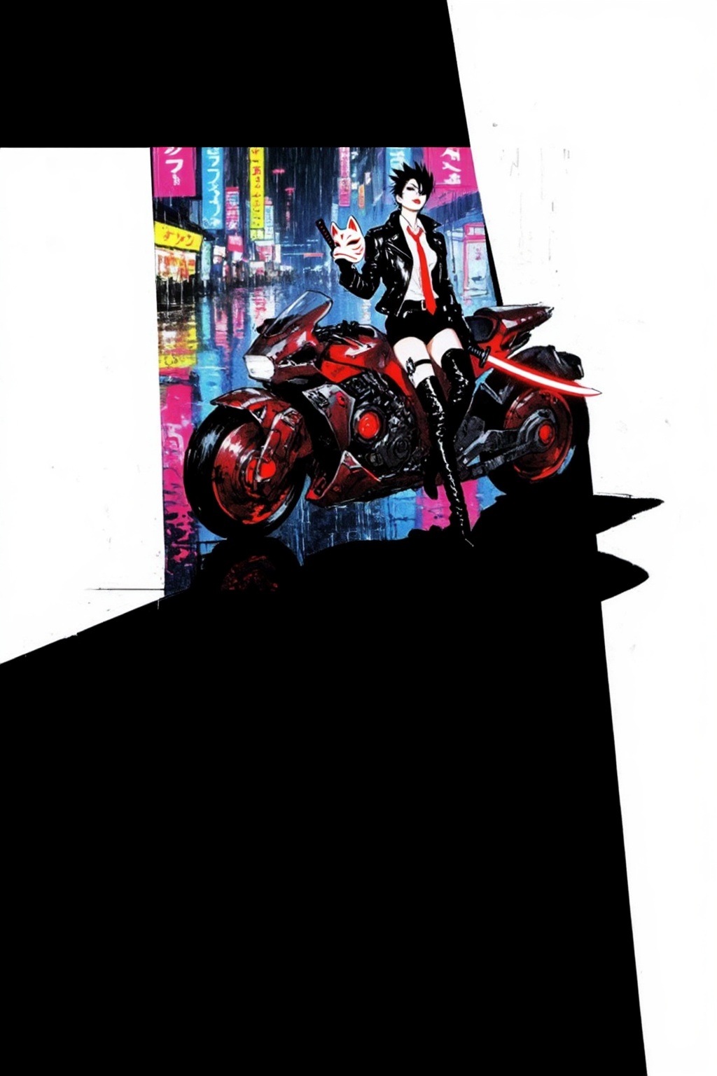 sydmead13zd25 conceptual sketch.  
high-octane cyberpunk style, depicting a stylish and formidable young woman with dark, sharp hair, wearing a black leather jacket, white shirt, red tie, short shorts, thigh-high boots, and a garter belt. She is seated confidently on a futuristic, heavily armored motorcycle with glowing red accents, parked in a neon-drenched, rainy urban street at night. She holds a traditional white and red Kitsune (fox) mask in one hand and a katana with a glowing red blade across her lap. The street is wet and highly reflective, mirroring the vibrant neon signs of Japanese characters and advertisements that illuminate the scene in shades of pink, blue, and yellow.  The background is stark white