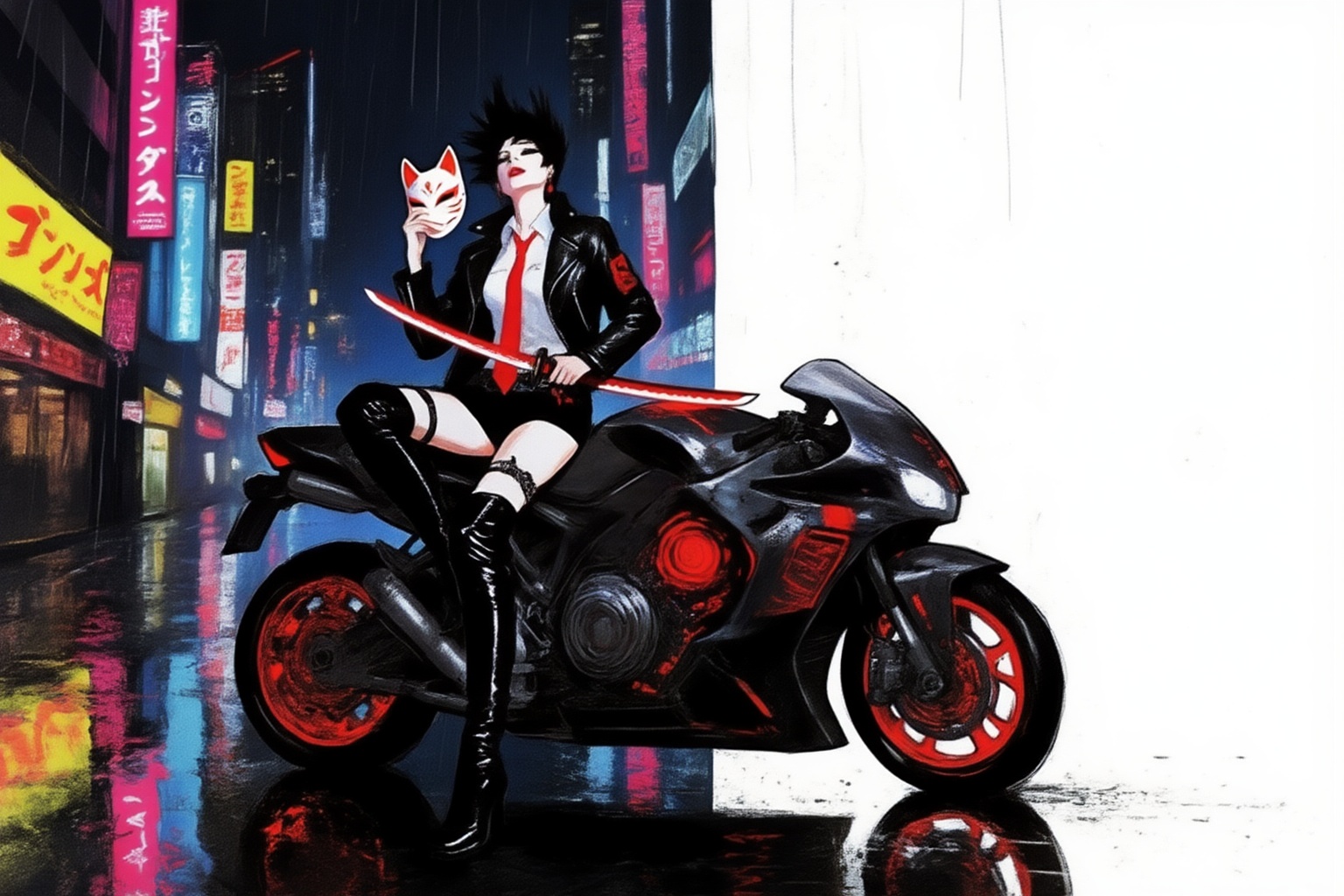 sydmead13zd25 conceptual sketch.  
high-octane cyberpunk style, depicting a stylish and formidable young woman with dark, sharp hair, wearing a black leather jacket, white shirt, red tie, short shorts, thigh-high boots, and a garter belt. She is seated confidently on a futuristic, heavily armored motorcycle with glowing red accents, parked in a neon-drenched, rainy urban street at night. She holds a traditional white and red Kitsune (fox) mask in one hand and a katana with a glowing red blade across her lap. The street is wet and highly reflective, mirroring the vibrant neon signs of Japanese characters and advertisements that illuminate the scene in shades of pink, blue, and yellow.  The background is stark white