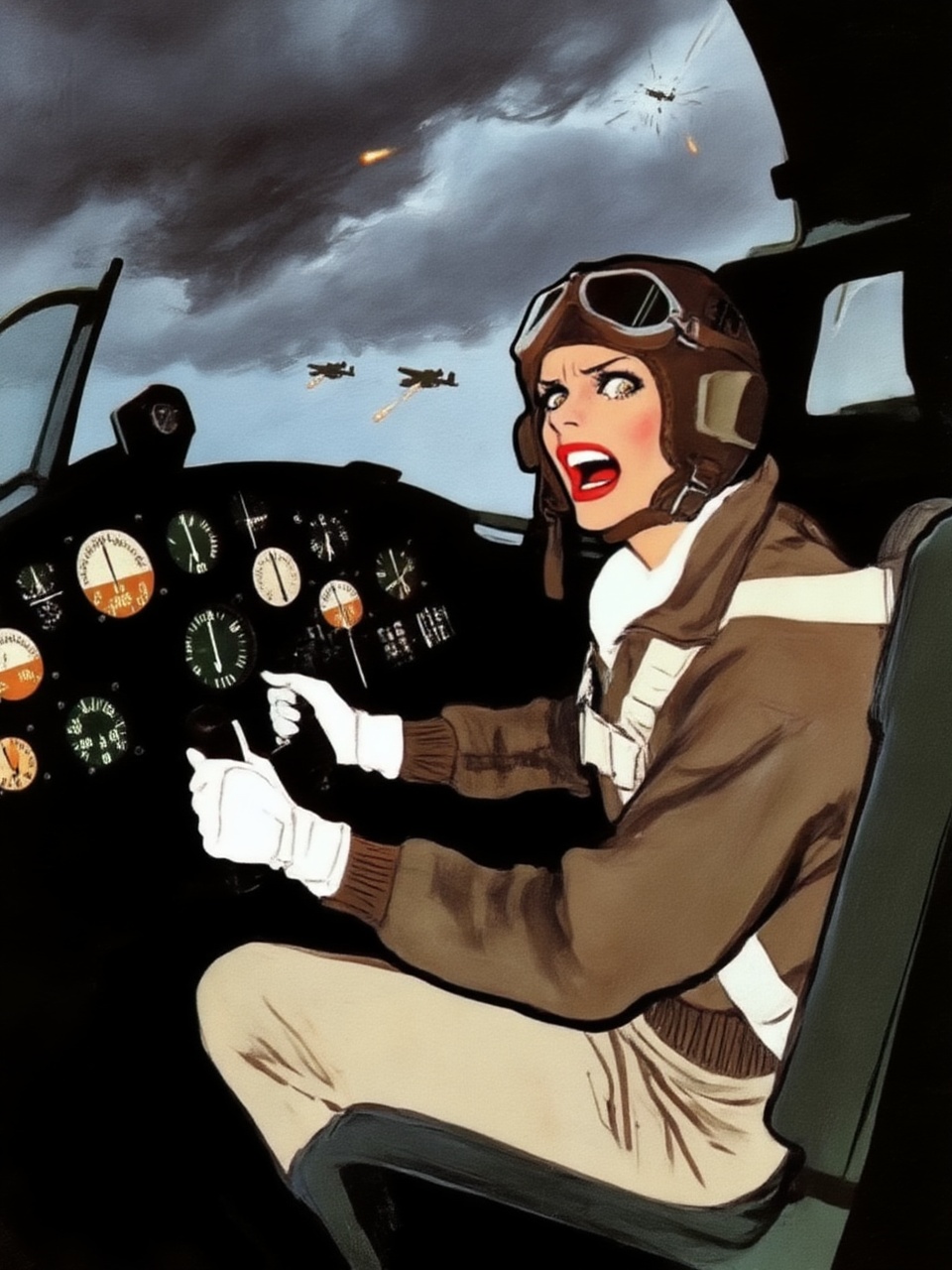renegruau6z15 fashion illustration.  
A female pilot, shown in 3/4 view, screaming inside the cockpit of a World War II bomber. The pilot, wearing a vintage leather flight helmet with goggles and a bomber jacket, grips the controls with white-knuckled hands. Her face is contorted in a mix of fear and determination as she yells, her eyes wide with **********. The cockpit is cramped and filled with old-fashioned dials and gauges, with the outside view showing dark stormy clouds and distant anti-aircraft fire 