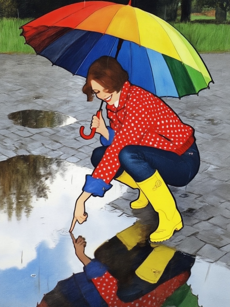 renegruau6z15 fashion illustration.  
A young woman, angled from slightly above and to the right, crouching low to the ground in a puddle. The young woman is wearing bright yellow rubber boots and a red jacket with white polka dots. The jacket sleeves are pushed up to reveal blue cuffs. The young woman also wears dark blue jeans and has a smile on her face as she extends her right index finger to touch the water in the puddle. She holds a large, open umbrella with rainbow-colored panels and a red handle over her. The ground is wet and paved with grey stones, reflecting the sky and umbrella. The background is slightly blurred, showing hints of green grass and trees. The lighting is overcast and diffused, typical of a rainy day. 