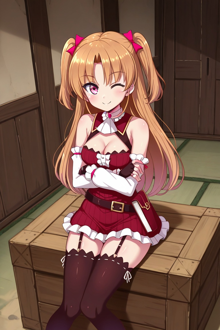 lauraabsno, 1girl, solo, brown hair, long hair, two side up, parted bangs, hair bow, pink bow, pink eyes, medium breasts, cleavage, choker, ascot, no cape, bare shoulders, detached sleeves, black gloves, fingerless gloves, red dress, ribbed dress, belt, book holster, garter straps, black thighhighs, indoors, sitting, on box, crossed arms, wink, smile, looking at viewer,