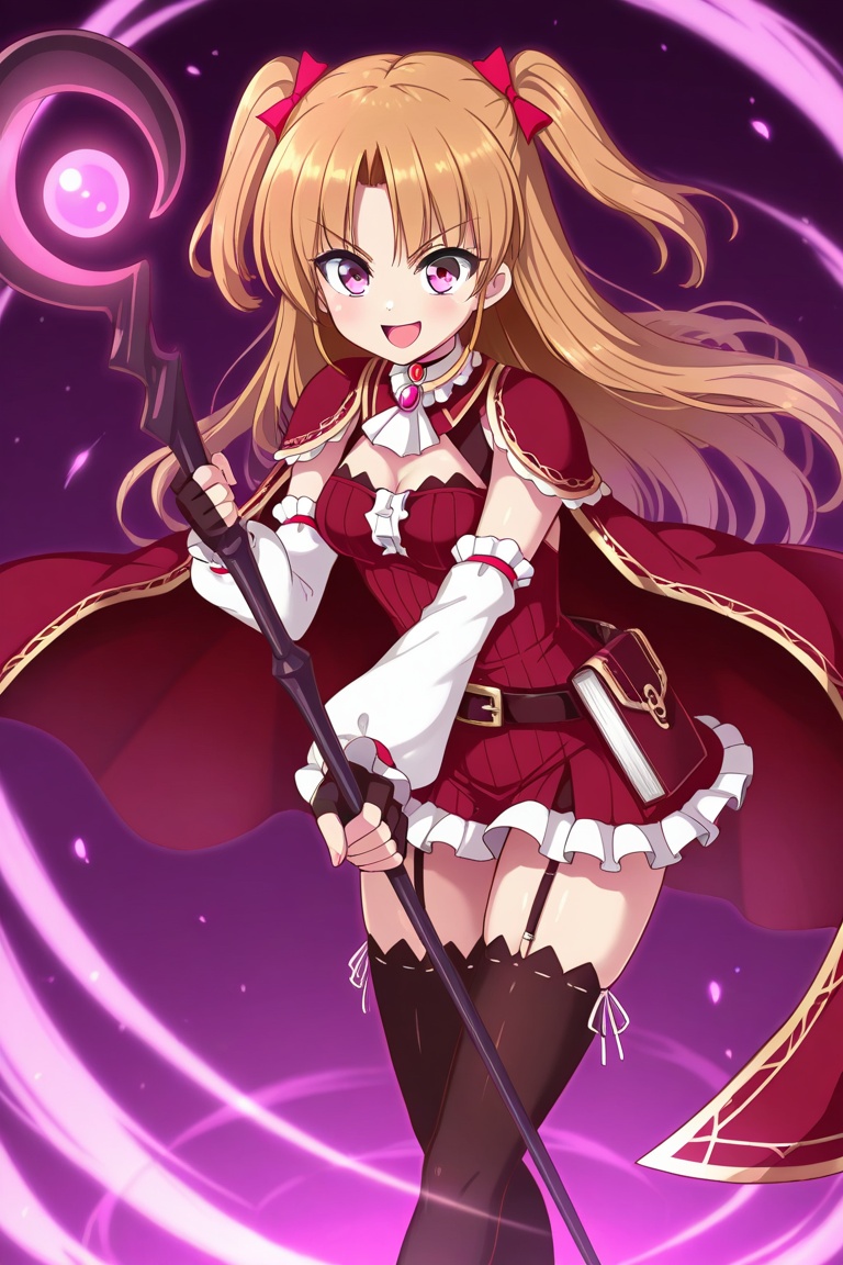 lauraabsno, 1girl, solo, brown hair, long hair, two side up, parted bangs, hair bow, pink bow, pink eyes, medium breasts, choker, ascot, red cape, detached sleeves, black gloves, fingerless gloves, red dress, ribbed dress, belt, book holster, garter straps, black thighhighs, purple background, purple lightining, dynamic pose, staff, holding staff, two-handed, v-shaped eyebrows, open mouth, smile, glowing,