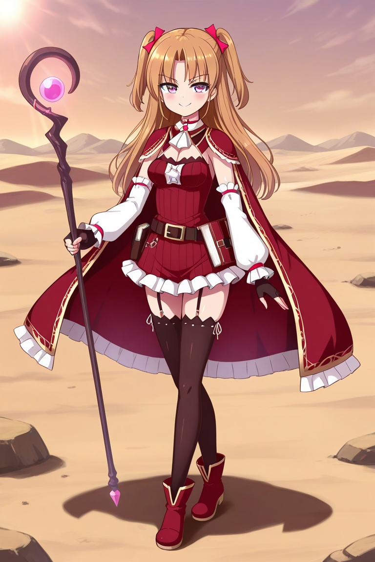 lauraabsno, 1girl, solo, brown hair, long hair, two side up, parted bangs, hair bow, pink bow, pink eyes, medium breasts, choker, ascot, red cape, detached sleeves, black gloves, fingerless gloves, red dress, ribbed dress, belt, book holster, garter straps, black thighhighs, ankle boots, red footwear, outdoors, desert, holding staff, smug, smile, standing, full body,