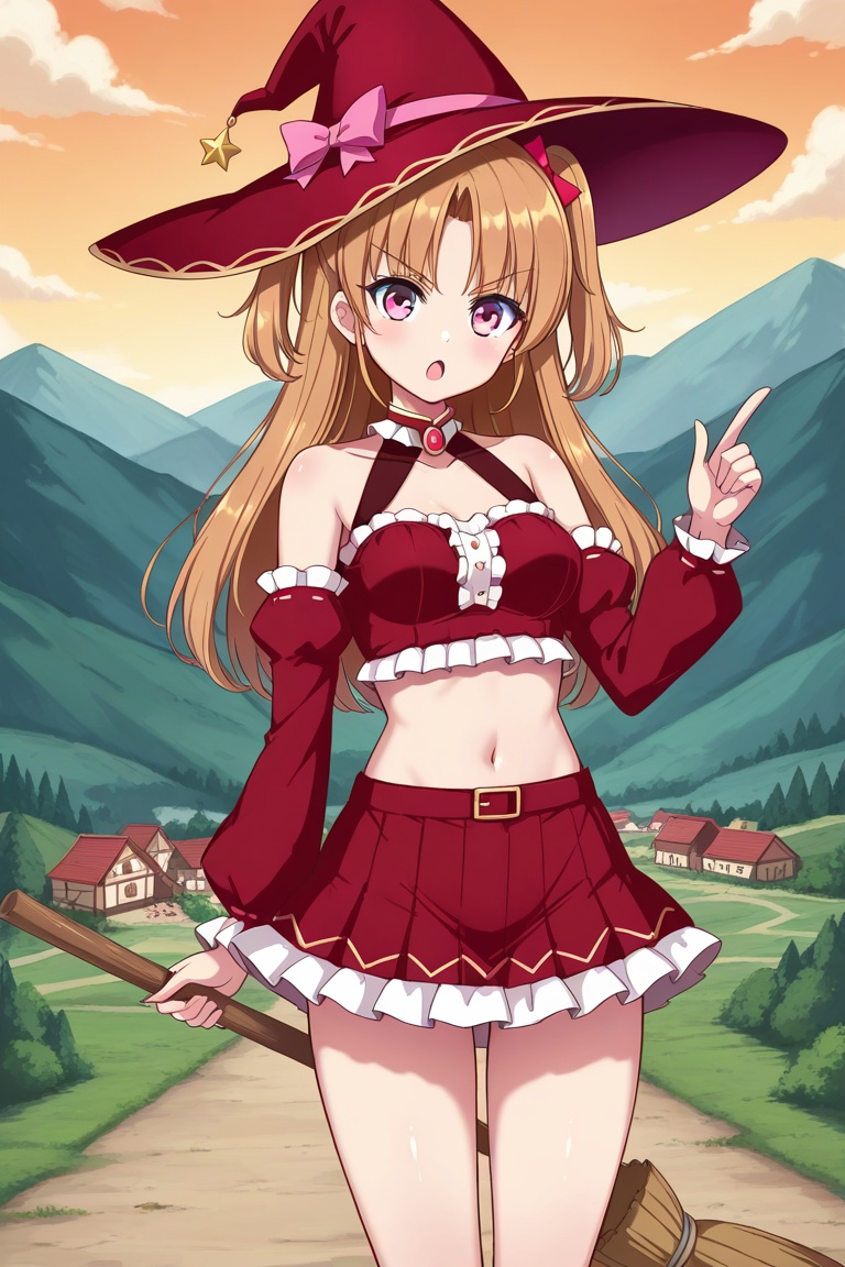 lauraabsno, 1girl, solo, brown hair, long hair, two side up, parted bangs, hair bow, pink bow, pink eyes, medium breasts, red hat, witch hat,  red shirt, crop top, long sleeves, puffy sleeves, bare shoulders, collarbone, navel, red skirt, broom, holding broom, hand up, index finger raised, open mouth, :o, v-shaped eyebrows, outdoors, village, cowboy shot, looking at viewer,