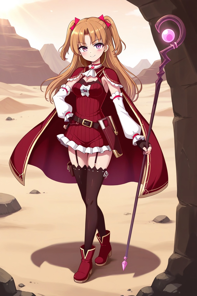 lauraabsno, 1girl, solo, brown hair, long hair, two side up, parted bangs, hair bow, pink bow, pink eyes, medium breasts, choker, ascot, red cape, detached sleeves, black gloves, fingerless gloves, red dress, ribbed dress, belt, book holster, garter straps, black thighhighs, ankle boots, red footwear, outdoors, desert, holding staff, smug, smile, standing, full body,