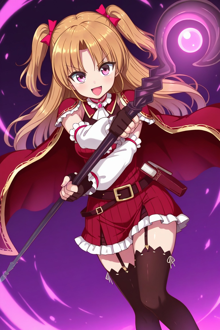 lauraabsno, 1girl, solo, brown hair, long hair, two side up, parted bangs, hair bow, pink bow, pink eyes, medium breasts, choker, ascot, red cape, detached sleeves, black gloves, fingerless gloves, red dress, ribbed dress, belt, book holster, garter straps, black thighhighs, purple background, purple lightining, dynamic pose, staff, holding staff, two-handed, v-shaped eyebrows, open mouth, smile, glowing,