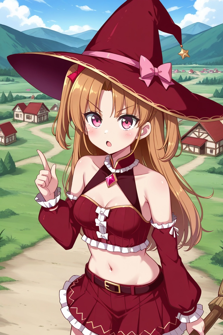 lauraabsno, 1girl, solo, brown hair, long hair, two side up, parted bangs, hair bow, pink bow, pink eyes, medium breasts, red hat, witch hat,  red shirt, crop top, long sleeves, puffy sleeves, bare shoulders, collarbone, navel, red skirt, broom, holding broom, hand up, index finger raised, open mouth, :o, v-shaped eyebrows, outdoors, village, cowboy shot, looking at viewer,