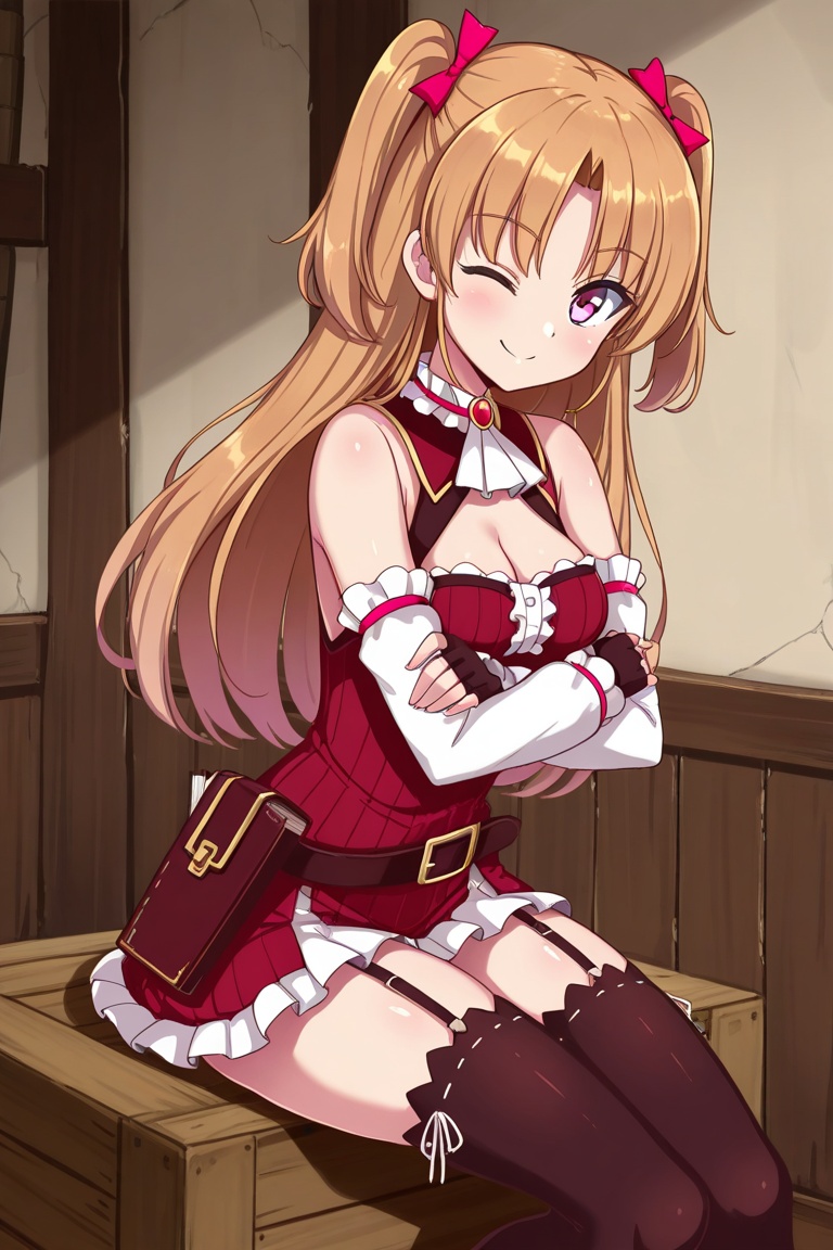 lauraabsno, 1girl, solo, brown hair, long hair, two side up, parted bangs, hair bow, pink bow, pink eyes, medium breasts, cleavage, choker, ascot, no cape, bare shoulders, detached sleeves, black gloves, fingerless gloves, red dress, ribbed dress, belt, book holster, garter straps, black thighhighs, indoors, sitting, on box, crossed arms, wink, smile, looking at viewer,