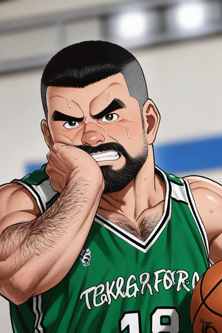 A person with a military-style crew cut is playing basketball, facial lines tense, big eyes under thick black eyebrows still exuding authority and alertness during the movement. The thick and layered beard spreads from the chin to the cheeks, with a serious expression. While running and dribbling, chest hair is faintly visible, well-developed arm muscles with thick hair exert force, a robust figure shows a strong sense of oppression and power on the court, every movement is full of strength.,tgywl,by Takame Gengorou