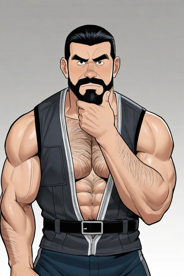 tgywl, a shirtless man with a thick beard and black hair slicked back. A man wearing a thongs, a military Asian cut, a sports vest, and swimsuits, 
highly tense face, thick black eyebrows, wide open eyes exuding authority and alertness, thick and layered beard that spreads from the chin to the cheeks, serious expression, chest hair can be faintly seen, arm muscles are well-developed with thick hair, robust figure, strong sense of oppression, sense of power and justice,