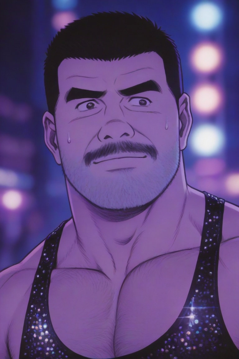 tgywl, color comics, extreme details, 4K wallpapers, highest quality, masterpiece, ultimate clarity, highest quality, masterpiece,
1man,
A middle-aged man with a tough, masculine face and neat short hair. He is shirtless, his muscles are covered with fat, but his body is tight and his muscle lines are strong. In the psychedelic blue and purple neon lights, he is looking back at the camera, his eyes full of story. He is wearing a black camisole with sequins, and the sweat on his face is blown by the wind. The background is a blurred urban night scene and flashing lights, photography, photorealistic, portrait mode, focal length 85mm, aperture f/1.4, ISO 400, background light spots melt like cream, extreme details, 4K wallpaper, film-sensitive shadow, tgywl
