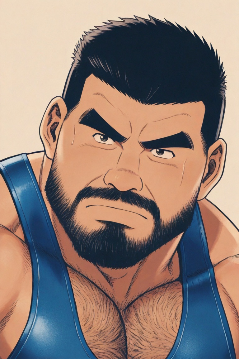 tgywl, a shirtless man with a thick beard and black hair slicked back. A man wearing a thongs, a military Asian cut, a sports vest, and swimsuits, 
highly tense face, thick black eyebrows, wide open eyes exuding authority and alertness, thick and layered beard that spreads from the chin to the cheeks, serious expression, chest hair can be faintly seen, arm muscles are well-developed with thick hair, robust figure, strong sense of oppression, sense of power and justice,