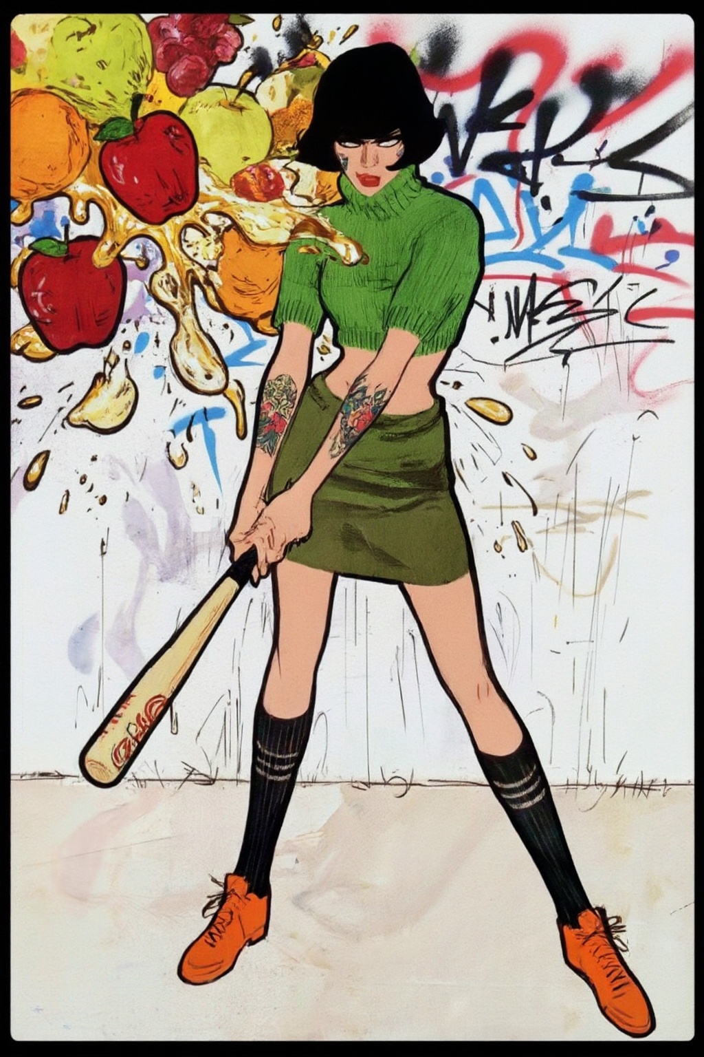 renegruau5z25 illustration.  
Liquid splash, cartoonish juicy fruits chaos, dynamic pose, dynamic camera, a fashion shoot, an illustration of a woman threateningly holding a baseball bat in her hands, full body tattoo, wearing green short sweater, miniskirt, knee socks, orange sneakers, aggressive facial expression, wall with graffiti in the background, 