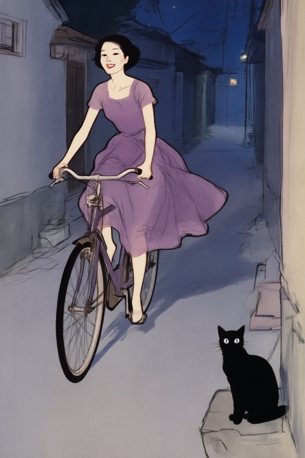 renegruau5z25 illustration.  
Young Asian woman riding an old style bicycle through a narrow, quiet street at night. The happy woman wears a simple, flowing purple dress. In the corner, a small black cat with piercing eyes sits watching her quietly. The mood is tranquil and slightly magical. 