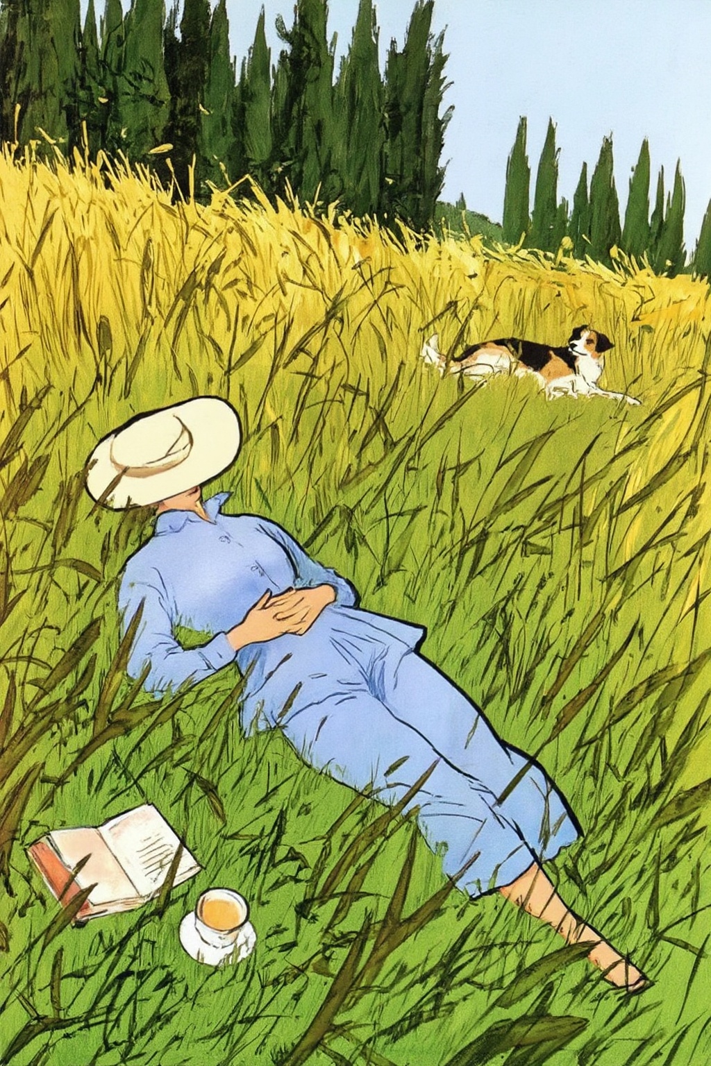 renegruau5z25 illustration.  
View from a high angle. In the foreground is a woman lying on her back in a field with tall grass, wearing a light blue shirt and long pants. She has a wide-brimmed hat covering her eyes. Her hands are folded over her stomach. A dog lies in the tall grass further behind on the right. The background features tall, evergreen trees, and the sky is clear. The grass is lush and golden. A book and a cup lie in the bottom left corner