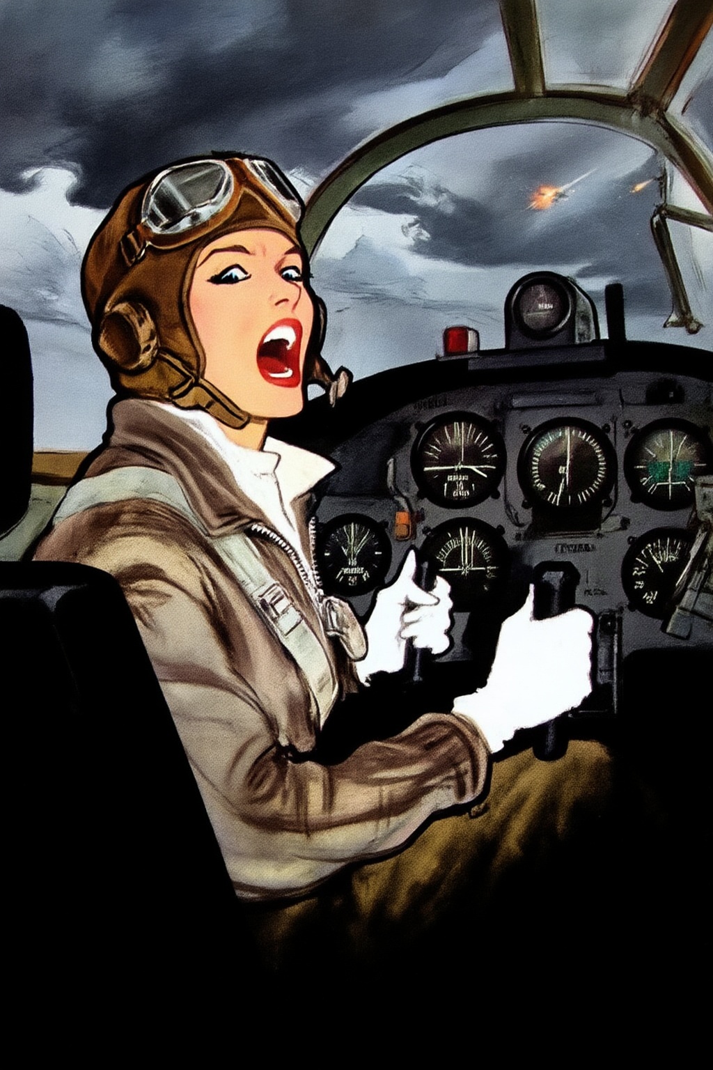 renegruau6z25 fashion illustration.  
A female pilot, shown in 3/4 view, screaming inside the cockpit of a World War II bomber. The pilot, wearing a vintage leather flight helmet with goggles and a bomber jacket, grips the controls with white-knuckled hands. Her face is contorted in a mix of fear and determination as she yells, her eyes wide with **********. The cockpit is cramped and filled with old-fashioned dials and gauges, with the outside view showing dark stormy clouds and distant anti-aircraft fire 
