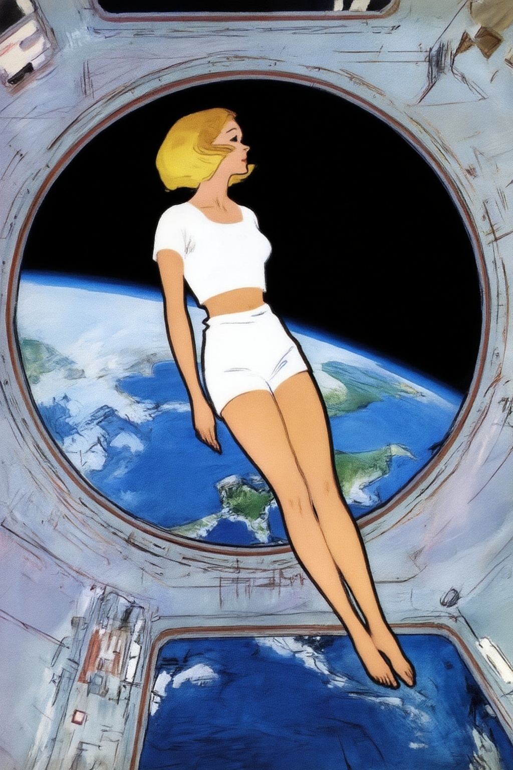 renegruau5z25 illustration.  
Blonde woman floating weightless inside a space station with a large porthole. She is wearing white crop top and short shorts and barefoot, and looking outside towards earth. She is melancholic, and is thinking of her family back on earth. 