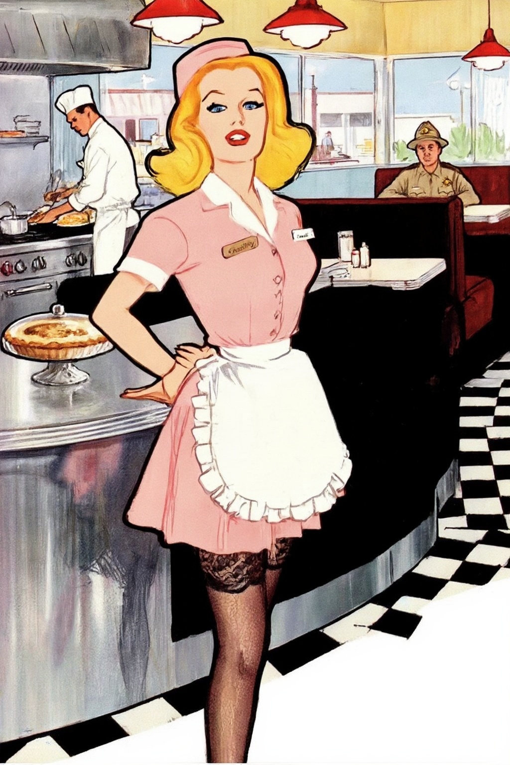 renegruau5z25 illustration.  
In a bright retro diner, a voluptuous blonde woman with wavy shoulder-length hair in 1950s vintage style and blue eyes stands behind a stainless steel counter. She wears a short pink waitress uniform with a white collar, a ruffled white apron, and a matching cap, paired with dark lace-topped stockings. She looks at the viewer with her body slightly angled, resting one hand on the counter near a glass-domed pie, and one hand behind her back. She wears a name tag that says "Chastity". On the left, a man in a white chef's uniform prepares food at a stove under a metal hood. In the background to the right, a man in a tan sheriff's uniform and hat sits at a booth. The setting includes a black and white checkered floor, red hanging lamps, and large windows showing a street. This eye-level medium shot captures the woman as the central figure, with the kitchen and dining area clearly visible in the background.