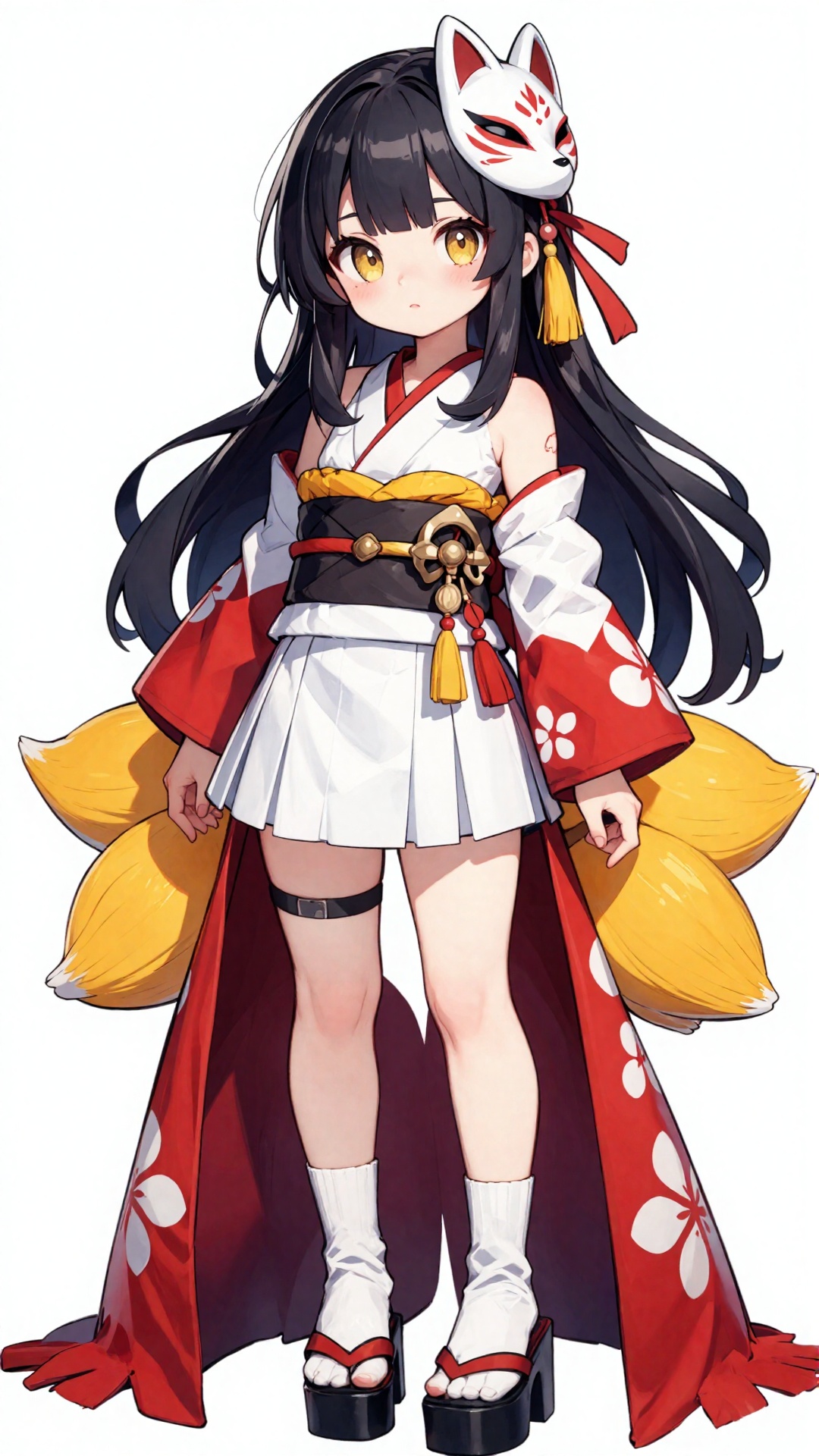 This is a digital anime-style illustration of a young girl with long,  black hair and yellow eyes. She wears a traditional...