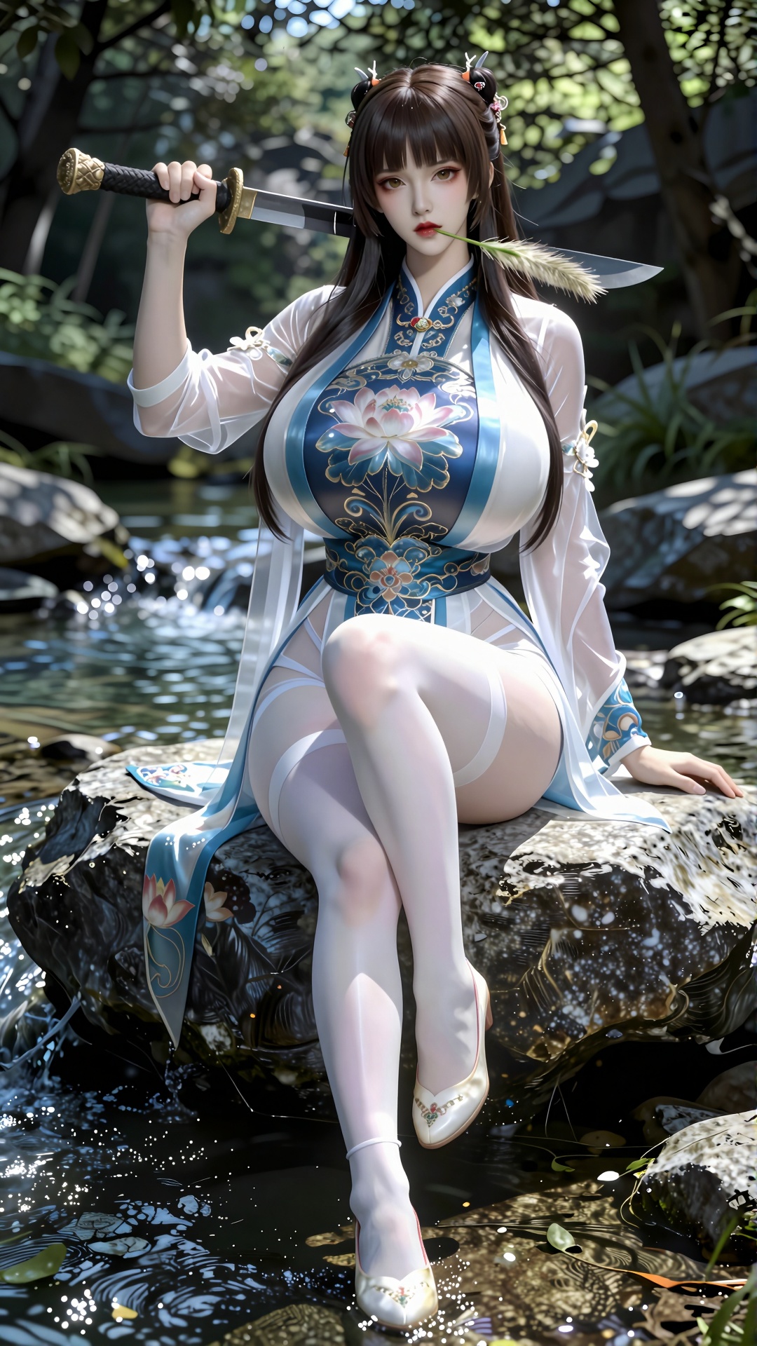 DTC不知火,全身像,正面镜头扛着大刀昂首坐在一块大石头姿势,嘴里叼着一根狗尾巴草,高级感,色彩搭配,电影画面感。真人,肌理感。少女,凌乱美,盘发,钗子。白色高跟鞋,小溪,树林,发丝。真实质感的皮肤。梦幻,幻想,阳光明媚白天,最具艺术感的主光源,塑造强烈的立体感、质感与戏剧性明暗对比必须优化构图。将画面细节提升到摄影级/超写实级。极致渲染关键材质的纹理、反光与透光性。根据图像主题,生成一个和谐且富有情绪的色彩分级,营造出独特的氛围。极致渲染关键材质的纹理、反光与透光性。,DTCbuzhihuo