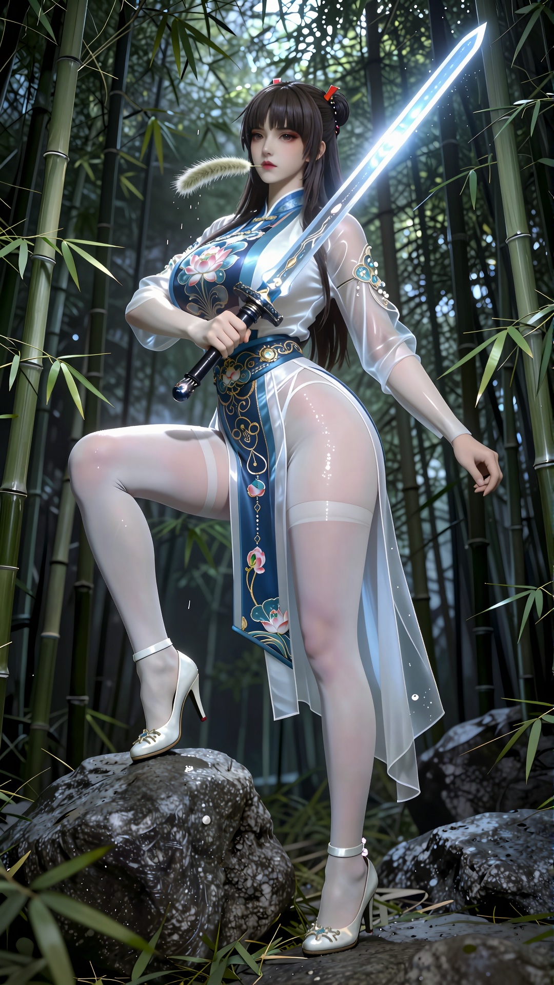 DTC不知火,全身像,正面镜头昂首一只脚踩在一块大石头姿势,一只手从胸部之间拔出一把冰蓝色的光剑,嘴里叼着一根狗尾巴草,胶片质感,高级感,色彩搭配,电影画面感。真人,肌理感。少女,凌乱美,盘发,钗子。优雅挥笔姿势,战斗姿势,白色高跟鞋,竹林,竹叶飘落,发丝。真实质感的皮肤。梦幻,幻想,朦胧美,雾蒙蒙,下雨,白天,手提巨大毛笔最具艺术感的主光源,塑造强烈的立体感、质感与戏剧性明暗对比必须优化构图。将画面细节提升到摄影级/超写实级。极致渲染关键材质的纹理、反光与透光性。根据图像主题,生成一个和谐且富有情绪的色彩分级,营造出独特的氛围。极致渲染关键材质的纹理、反光与透光性。,